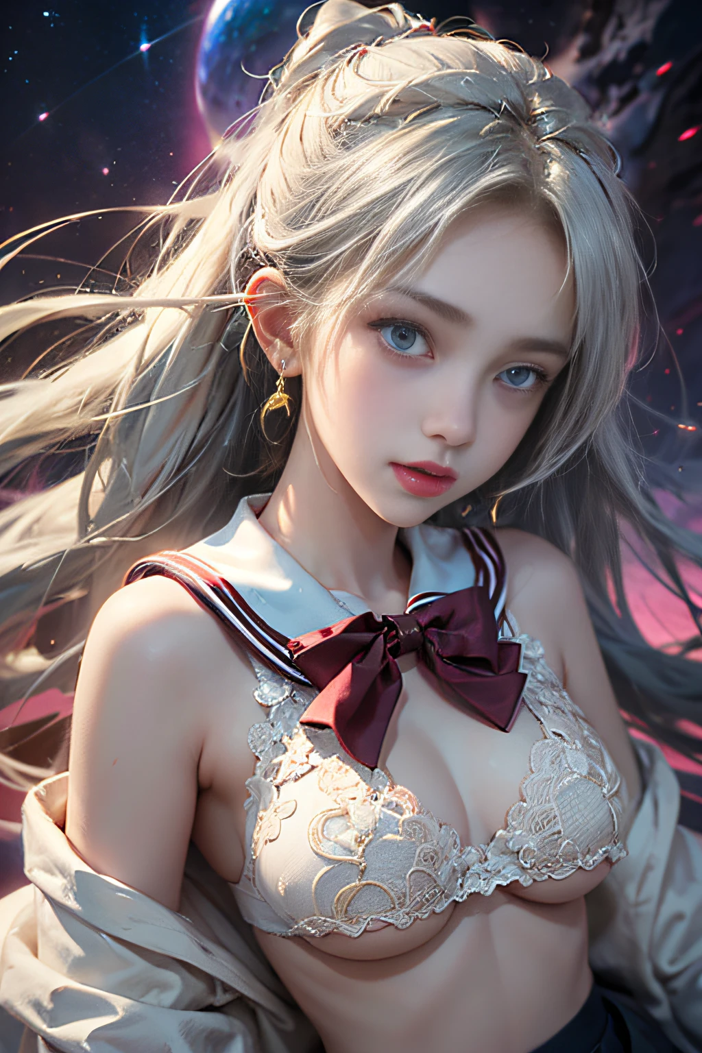 masterpiece、ful:1.3,realisitic、Ultra Micro Photography、top-quality、Wallpapers with extreme details CG Unity 8K、frombelow、intricate detailes、(1 rapariga)、Flowing in the wind,dynamicposes,dynamic ungle,((White sailor、Red big bow tie))、(Outline of the iris, Details of face:1.5、Bright blue eyes、Beautiful expression、beautidful eyes、shinny eyes、thin lipss:1.5、thin and sharp pale eyebrows,、long dark eyelashes、Double eyelashes、well-muscled,,,,a small face、perfectly proportions、big breasts thin waist、Visible Pore、Young Face、Sad look,seducting smile,cosmic background、rays of moonlight、Dynamic backgrounds、细致背景)),(a sailor suit)、(skirt rift:1.8)、(masterpiece、top-quality、hyper pretty face、write、zettai ryouiki、thighs thighs thighs thighs、see the beholder:1.4)、Super beautiful girl、gardeniass、8K、EF 50mm、Official art、Raw photo、absurderes、frombelow、is standing、(sad、angry:0.5)、 slender、Small waist、Thin arms、breasts of medium size,、face lights、Soft lighting、Warm colors、film grains、chromatic abberation、foco nítido、naturey、Frankness、extremely detailed eye and face、(、bokeh dof、blured background、White lace panties:1.2)masterpiece:1.2)、(realisitic、Photorealsitic:1.37)、1Beautiful Japan High School Girl、perfect bodies、20yr old、Medium Boob、(Light shines on the face and chest)、(((((underboob)))))、Lower breast、Oily skin、skinny、 (Sexy uniform with a slight view of the underside of the chest)、(Visible lower milk、Uniform with navel and ribs visible)、Super Ultra Mini Skirt with visible hipbones and lower abdomen , (Nebula background), (Full body shot), 1girl in, Solo, (European youth:1), Red sailor collar, Dark blue pleated skirt, ((Golden white hair、Straight hair,poneyTail)), (Purple eyes:1), ((White lace underwear is visible)),Beautiful face, Highly detailed face, Highly detailed eyes, highly detailedskin, Skin pores, Subsurface scattering, Realistic pupils, Full face blush, Full lips, Detailed background, depth of fields, Volume Metrics, Sharp Focus,(((posterior view))),((Looks Back))、((T-back panties are visible)),