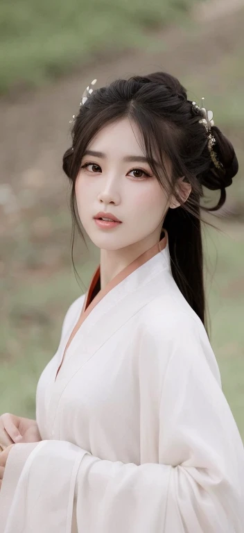 um close up de uma mulher em um vestido branco com uma flor em seu cabelo, Hanfu branco, palace ， Uma menina em Hanfu, Hanfu, Mulher sul-coreana bonita, vestindo roupas chinesas antigas, beleza tradicional, traditional chinese, penteados femininos tradicionais, Menina chinesa, Ruan Jia Lindo!, branco hime corte penteado, inspirado em Yun Du-seo, menina coreana