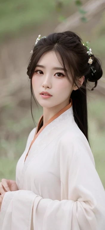 um close up de uma mulher em um vestido branco com uma flor em seu cabelo, Hanfu branco, palace ， Uma menina em Hanfu, Hanfu, Mulher sul-coreana bonita, vestindo roupas chinesas antigas, beleza tradicional, traditional chinese, penteados femininos tradicionais, Menina chinesa, Ruan Jia Lindo!, branco hime corte penteado, inspirado em Yun Du-seo, menina coreana