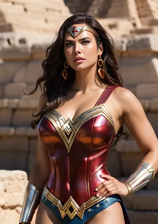 Capitana Marvel Hay una hermosa mujer Wonder Woman con un traje rojo y zul brillante como el oro y la plata, disparo gran angular, mejor calidad, detalles en la piel de sudor, de pie al lado de las piramides mayas en mexico, al fondo se observan arboles piramide