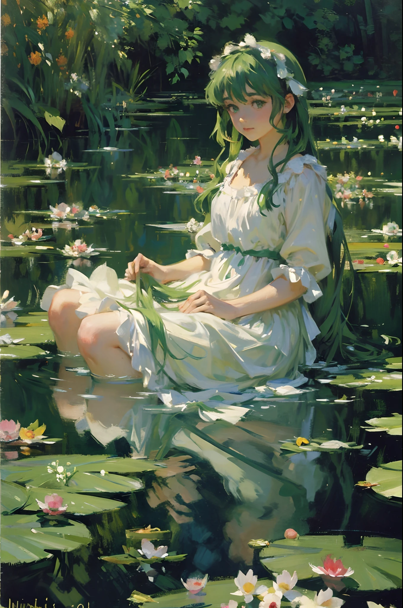 1girll, Solo, hair adornments, Green hair, double tails, Long hair, dress, water，(Monet, Impresionismo, Oil painting), 00