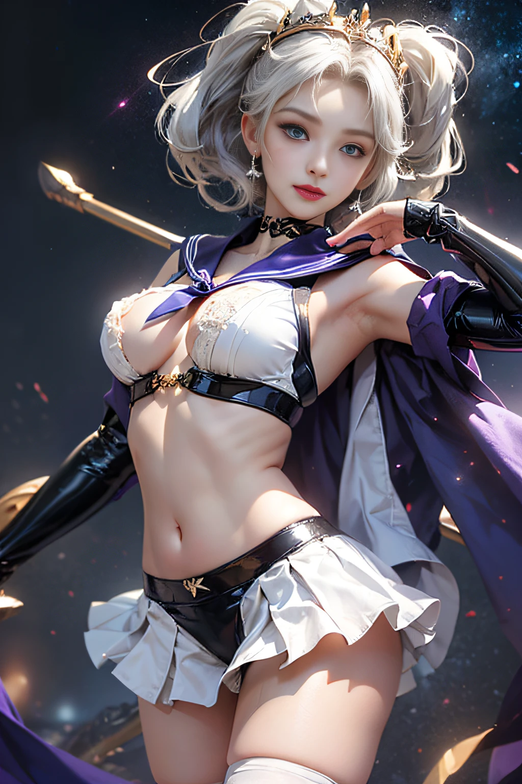 ​masterpiece、ful:1.3、stands、8K、。.。.。.。.。.。.。.。.3D、realisitic、Ultra Micro Photography、top-quality、Wallpapers with extreme details CG Unity 8K、frombelow、intricate detailes、(1 rapariga)、13years、Sailor Saturn:1.5,Hotaru Tsuchimoto:1.5,Sailor Senshi Uniform:1.2、Dark purple hair、Bob-cut hair fluttering in the wind,Sexy and dynamic model poses,dynamicposes,dynamic ungle、((Big long spear,battoujutsu stance,arma,Big sickle,Popol Weapon:1.2 )),(Purple sailor color,Purple pre-gate mini skirt:1.3、Purple Pleated Mini Skirt:1.3、very large red bow on the chest,,,,,,,,,,,,,,,,Very big red bow on the buttocks,,、Long white latex gloves,Purple gloves on elbows、Luxurious Golden Tiara、耳Nipple Ring,)、(Outline of the iris, Details of face:1.5、Bright blue eyes、Beautiful expression、beautidful eyes、shinny eyes、thin lipss:1.5、thin and sharp pale eyebrows,、long dark eyelashes、Double eyelashes、Luxurious Golden Jewelry、Thin, thin and muscular,,,,、Visible Pore、Young Face、Sad look,seducting smile、perfect hand:1.5、foco nítido: 1.0、Maximum clarity and sharpness、cosmic background、rays of moonlight、(realisitic、Photorealsitic:1.37)、１Beautiful Japan High School Girl、perfect bodies、20yr old、Sexy Girl Sailor Suit Costume、Medium Boob、(Light shines on the face and chest)、(((((underboob)))))、Lower breast、Oily skin、skinny、 (Sexy uniform with a slight view of the underside of the chest)、(Visible lower milk、Uniform with navel and ribs visible)、Super Ultra Mini Skirt with visible hipbones and lower abdomen , (Nebula background), (Full body shot), 1girl in, Solo, (European youth:1), ((Navy blue flared skirt soars))skirt by the, ((White lace underwear is visible))、((Black stockings high heels))((Golden white hair、Straight hair,poneyTail)), (Purple eyes:1), Beautiful face, Highly detailed face, Highly detailed eyes, highly detailedskin, Skin pores, Subsurface scattering, Realistic pupils, Full face blush, Full lips, Detailed background, depth of fields, Volumetric lighting, Sharp Focus,(((posterior view))),((Looks Back))、((T-back panties are visible)),