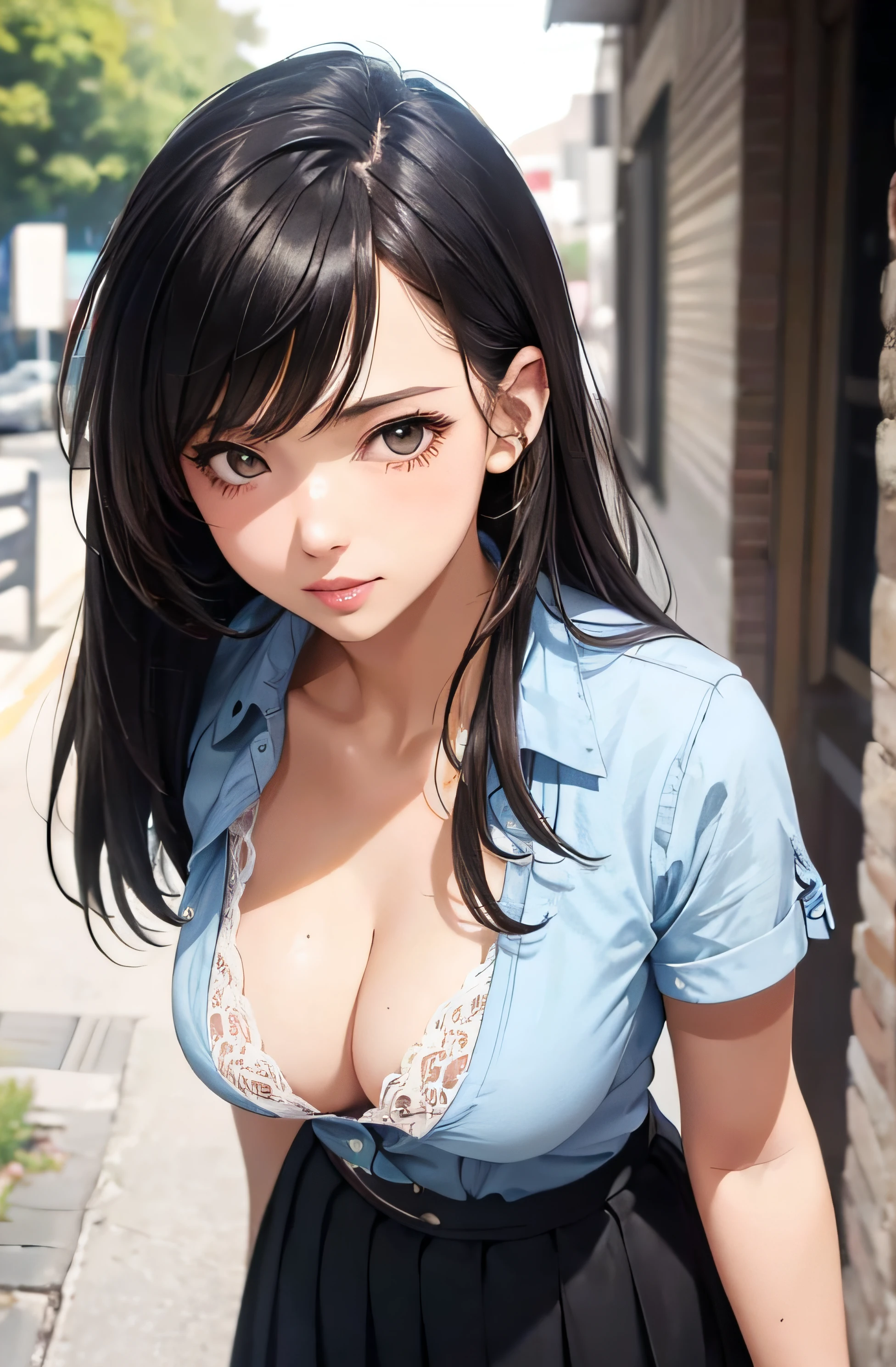 girl in summer clothes, casual skirt, making as if she wants to kiss you, (girl bending down looking at camera), medium breasts, random hair color, cleavage, random background, flirtatious look, ((very detailed)), (perfectly detailed face), (well detailed hand) photorealistic image.