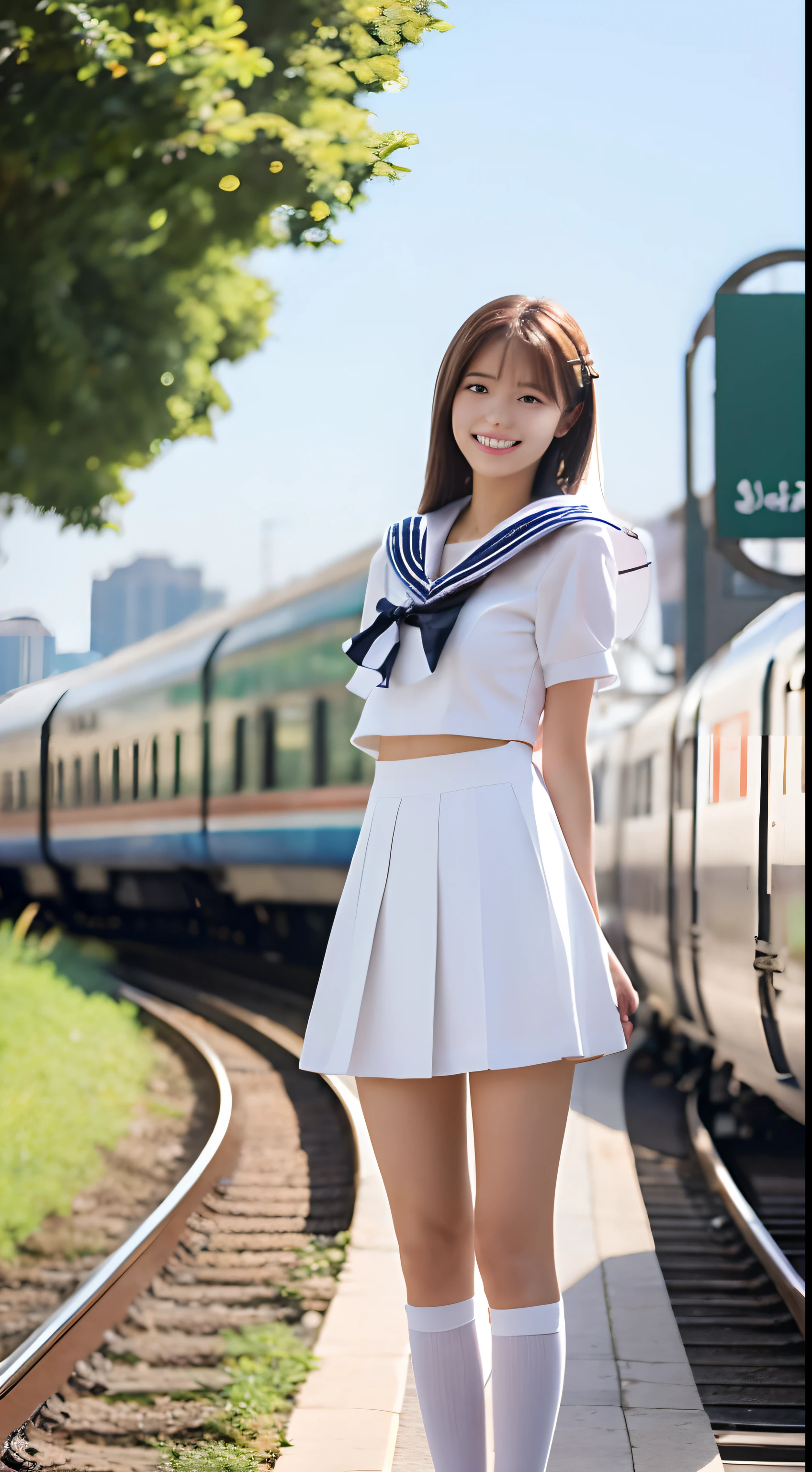 Ultra high-definition images, 1girl in, Solo, tree,Outdoors, White top and bottom sailor suit,Full Body Image Cloud, Brown hair, High-Definition Lens,fullbody image,At the train station,In the crowd, Smile and turn to me,