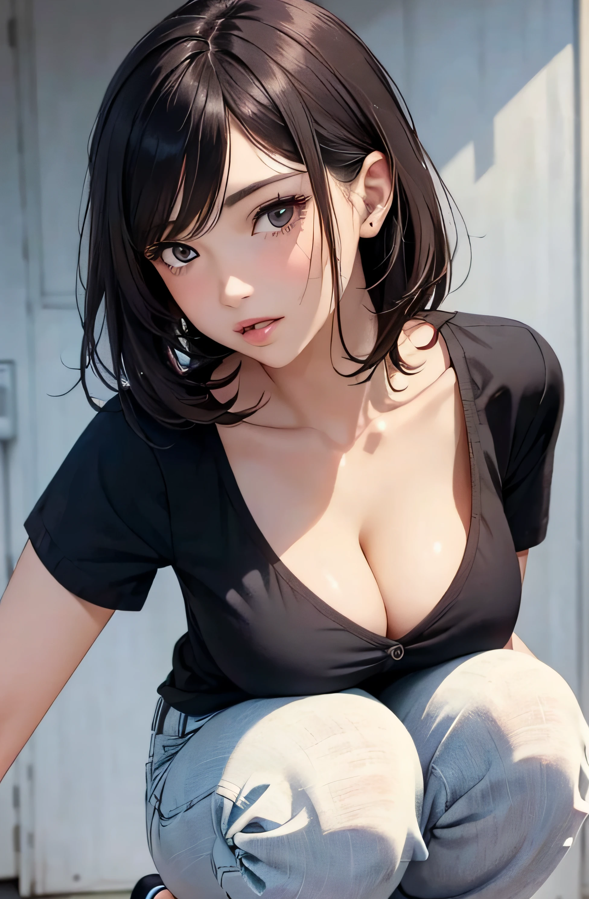 girl in summer clothes, casual pants, making as if she wants to kiss you, (girl bending down looking at camera), medium breasts, random hair color, cleavage, random background, flirtatious look, ((very detailed)), (perfectly detailed face), (well detailed hand) photorealistic image.