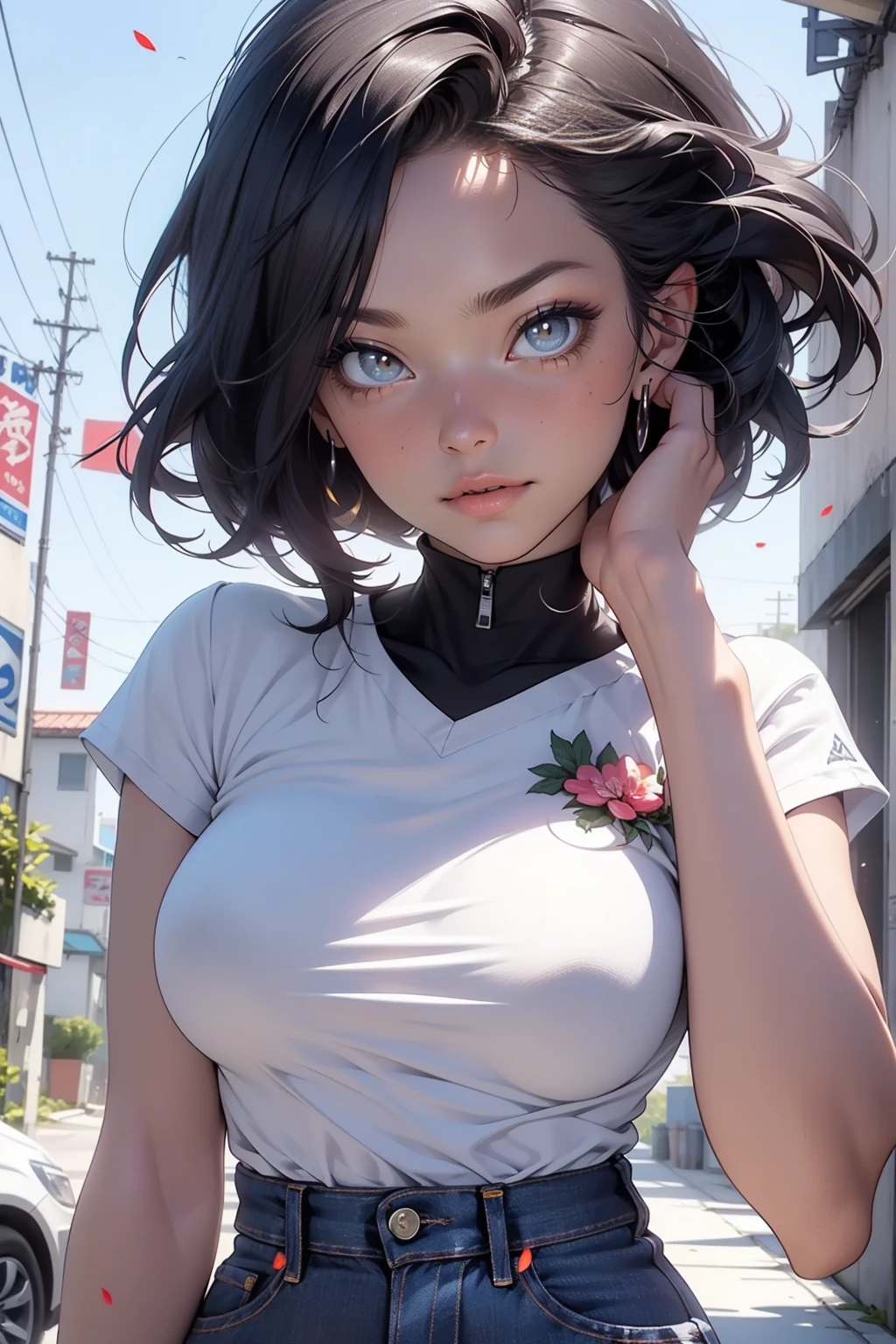 masterpiece, best quality, absurdres, illustration, 8k, perfect shadows,perfect lighting,hdr, ambient lighting,realistic, ultra-realistic, cowboy shot, Photo realistic,(hyperrealistic:1)textured skin,shiny skin,skindentation, beautiful body, (blush:1.2) kaede hozuki, 1girl, blue hair, gyaru, hair between eyes, hair ornament, hair scrunchie, large breasts, multicolored hair, pink eyes, pink hair, side ponytail, sidelocks, two-tone hair, yellow scrunchie (wearing black skirt, cleavage, collarbone, dress shirt, pleated skirt, shirt, polka dot red shirt tucked in, skirt, thigh gap, polka dot red shirt,) ( large breasts,hourglass body, thin waist,very slim waist)extremely detailed face,detailed eye makeup, detail face, nice detailed eyes,nice hands, perfect hands, (realistic pupils,realistic defined body features,toned midriff,skinny waist,thin waist,(abs:0.8),squatting,squat,stretched( spread legs:1.2), arm support, cameltoe