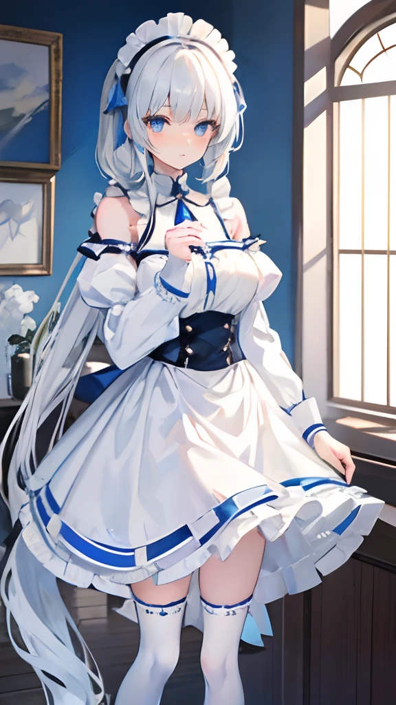 masutepiece,silver-white long hair,Blue eyes,Off-the-Shoulder Maid Clothing,girl,Heart of Love,medium build,white stockings,Inexpressive,Single horsetail,In a big house,kirakira,Cleaning,colourfull