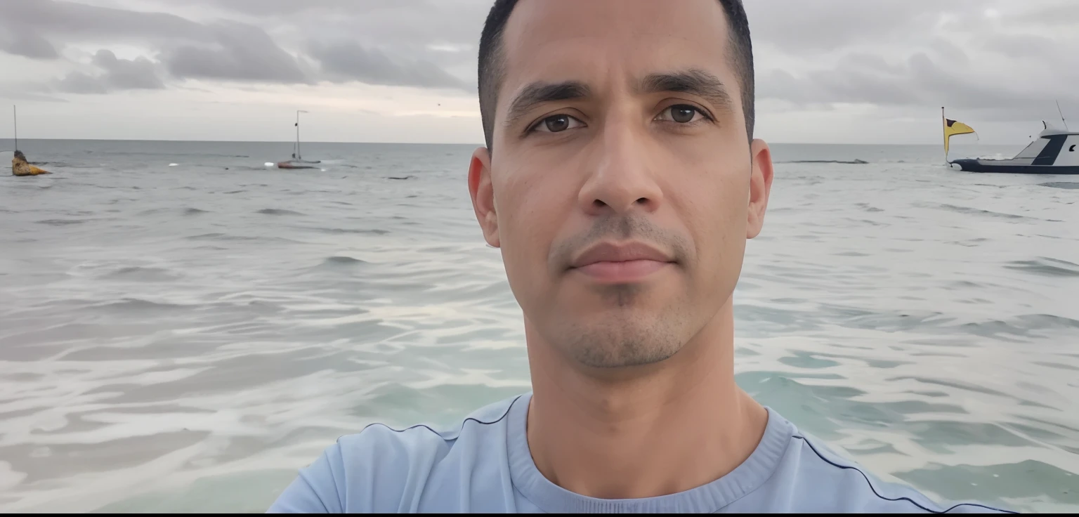 There's a man standing in front of the ocean with boats in the background, caio santos, Homem de 4 0 anos, cerca de 3 5 anos, 3 2 anos, 38 anos, 2 9 anos, Miguel Iglesias, oceano ao fundo, 3 6 anos, 2 8 anos, José Moncada, (38 anos)