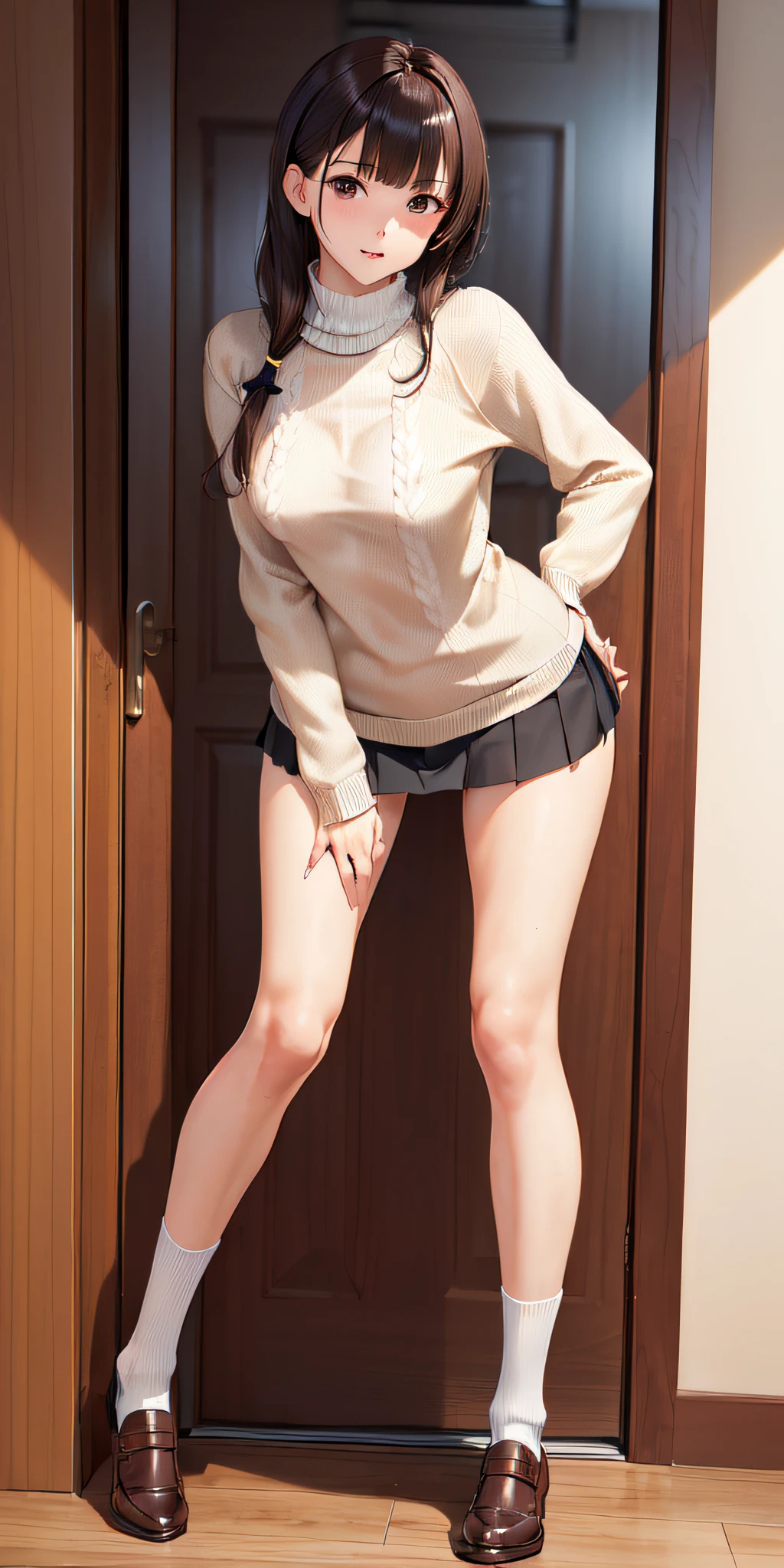 (((professional: step by step, considering even the smallest detail, god level final result))): "masterpiece, best quality, highres, solo 1girl, 22 years old, kr1, brown eyes, blunt bangs, kibito high school 40% uniform, 60% sheer very silk slim sweater, pleated 10% miniskirt, socks, medium round and firm breasts, leaning forward, hand on hip, ((visible hip removing the sweater from the body)), provocative without limits, random view, nsfw"