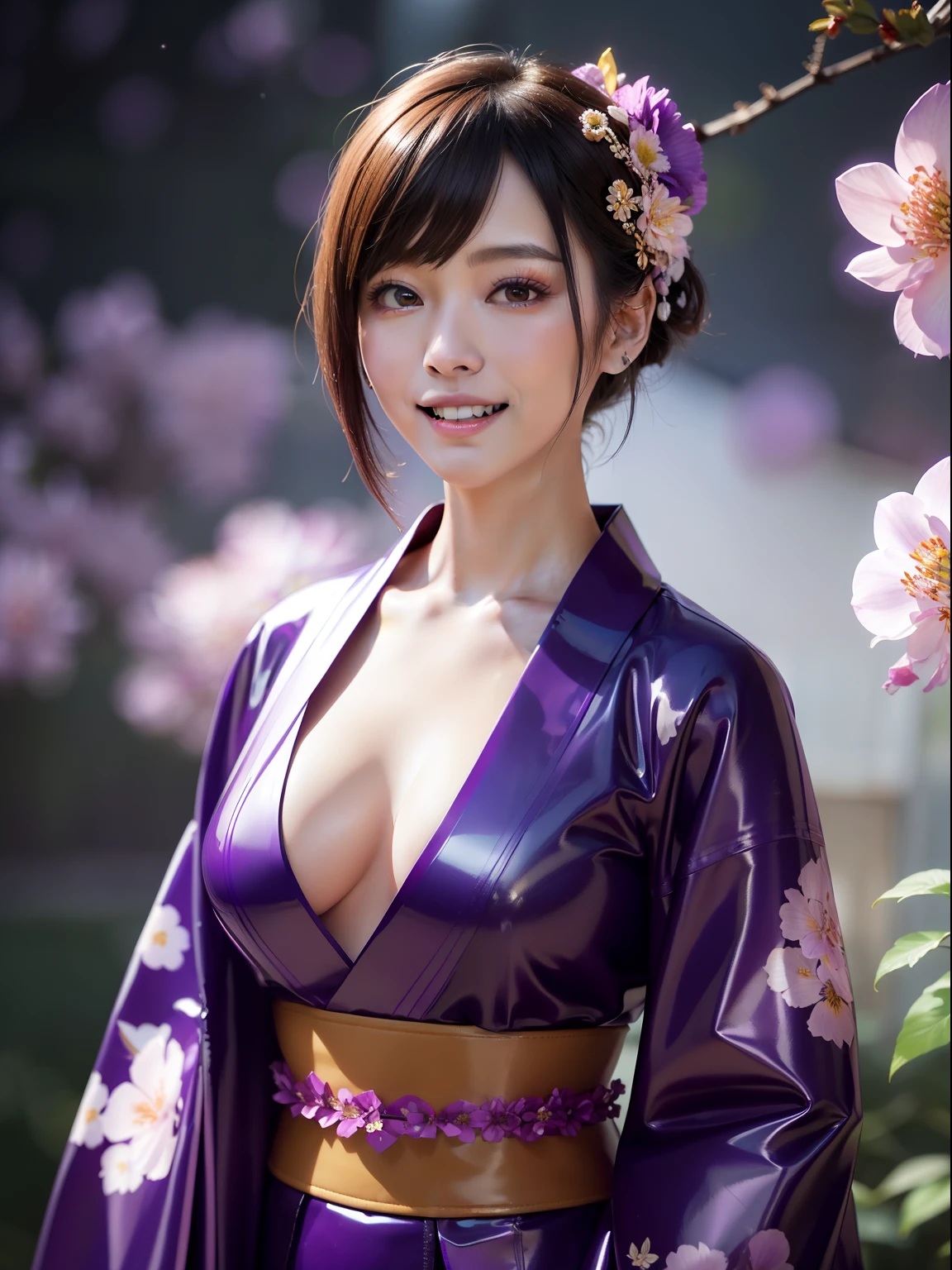 masutepiece,A hyper-realistic,32K,the Extremely Detailed CG Unity 8K Wallpapers, Best Quality,(beautiful japanese female),short-hair,((Purple latex kimono with flowers)),Skin fit, Flashy makeup,(Film Overlay:1.3),FULL BODYSHOT,Opens mouth and laughs,Gichigichi,The chest is fluttering