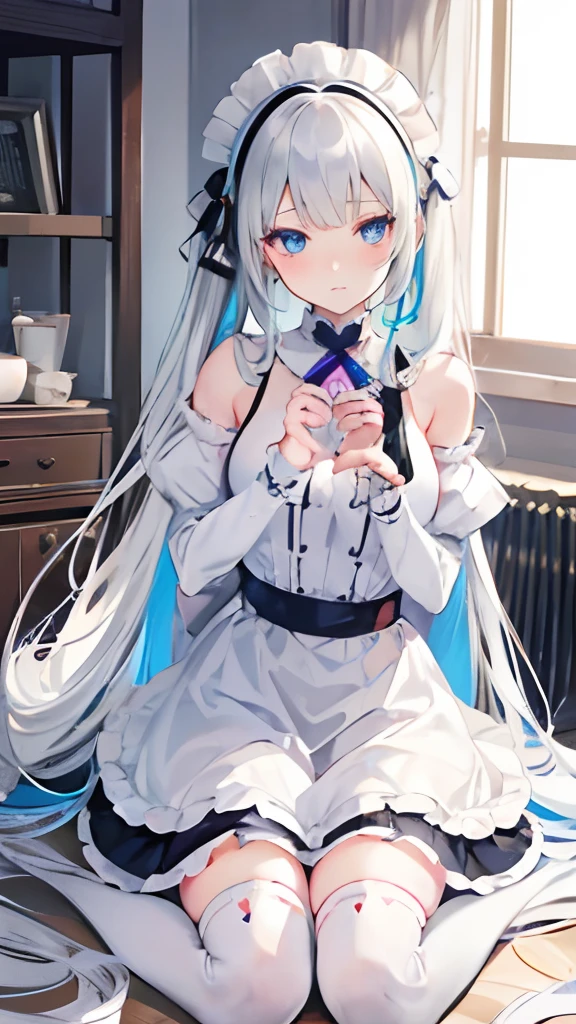 Lazy wind，wide blue eyes，White hair，Dull hair，Cat-eared girl，White tones，sitted，1girll，Solo，adolable，white dresses，Big hazy eyes，Facial details are exquisite，Beth，onbed，Impeccable，Cute pose，Plush cat's paw gloves，Shy laugh，The complexion is reddish