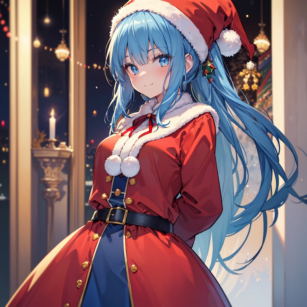 Meisterwerk, best quality, Ultra-detailliert, Illustration,1girls, Blick auf den Betrachter, best quality,Depth of field,(geschlossener Mund,easy smile,blaue Augen:1.1),beautiful detailed glow , (Santa Claus Costume:1.3),(hands behind your back:1.3),(arms behind back:1.3),Flamme (Archenritter),