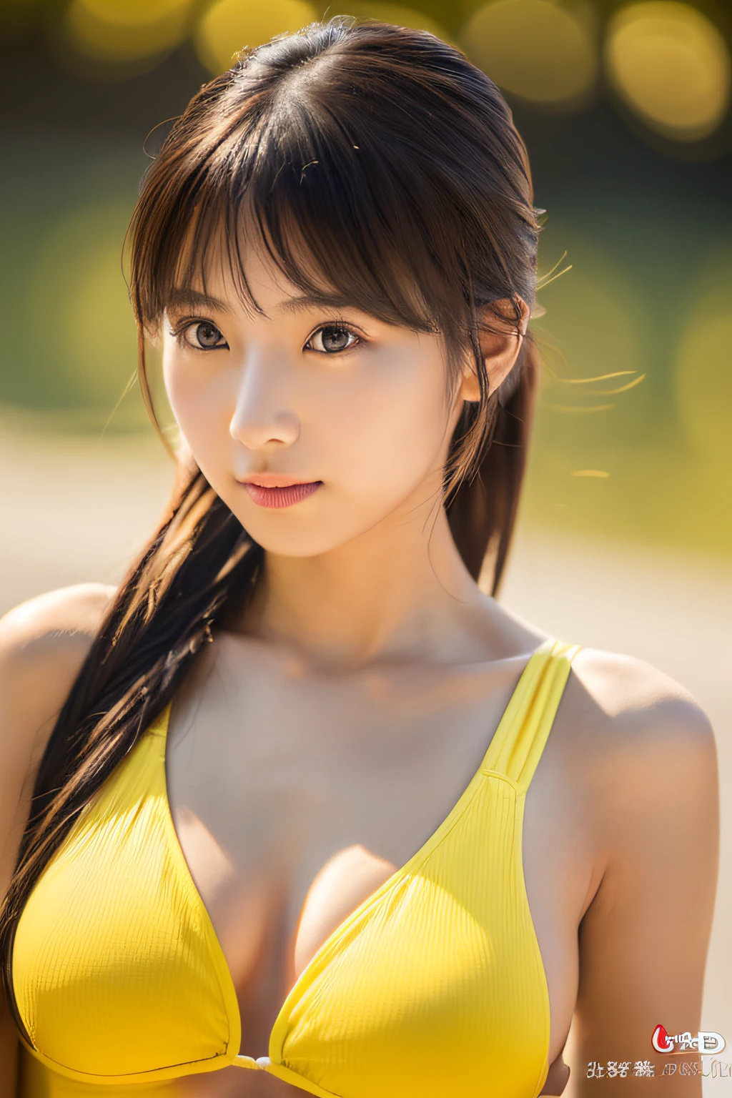 ( (in 8K:1.27)、top-quality、masterpiece、超A high resolution:1.2) Photos of beautiful Japan women、bustup (Beautiful fece:1.1)、Dramatic light、Yellow swimsuit