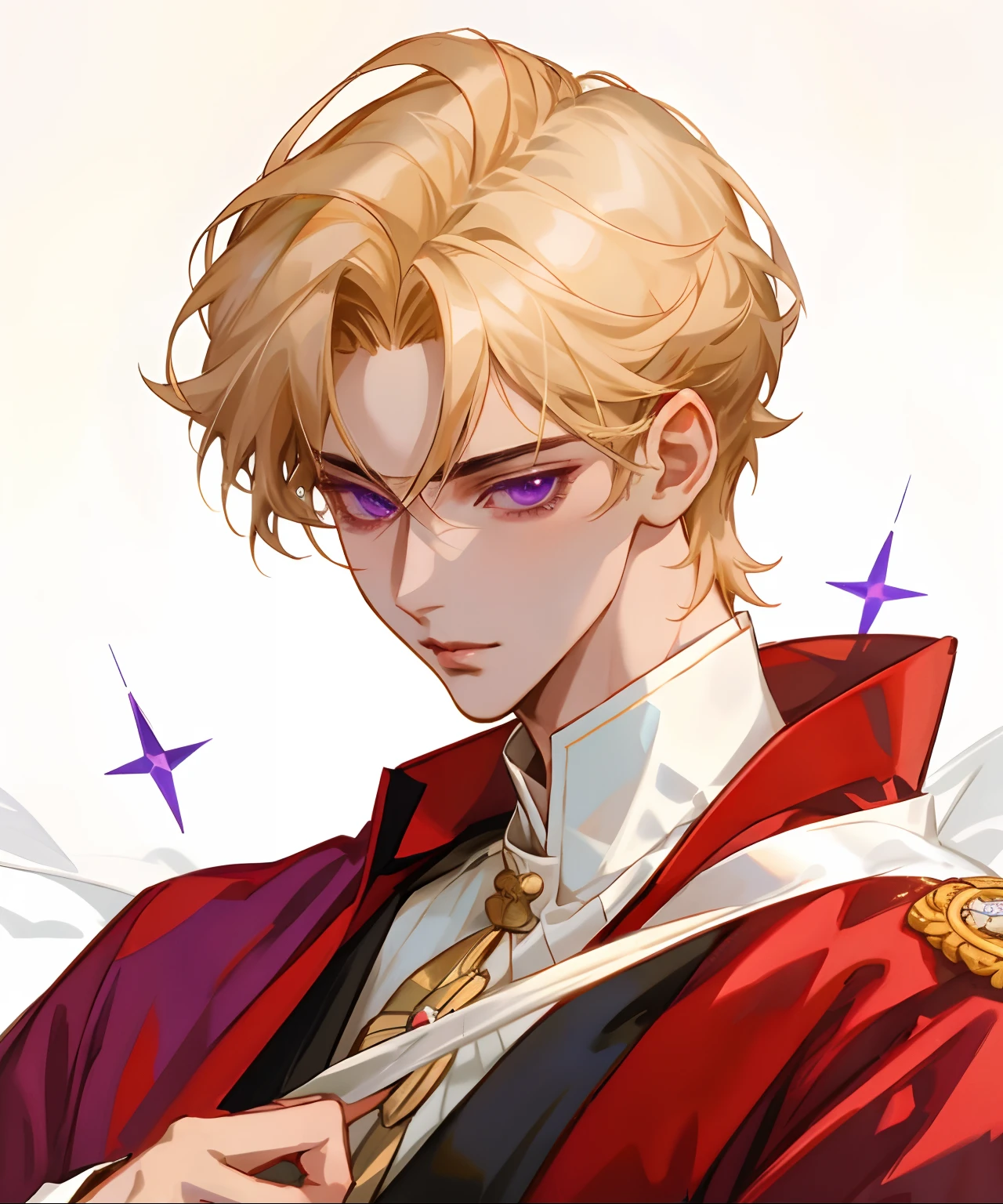 a close up of a man wearing a red coat and a white collar, beautiful androgynous prince, delicate androgynous prince, portrait of magical blond prince, handsome prince, royal elegant pose, anime handsome man, ((wearing aristocrat robe)), handsome guy in demon slayer art, anime portrait of a handsome man, casimir art, renaissance prince, taisho roman, purple eyes, blonde gelled hair, very short hair, blink stars, suit