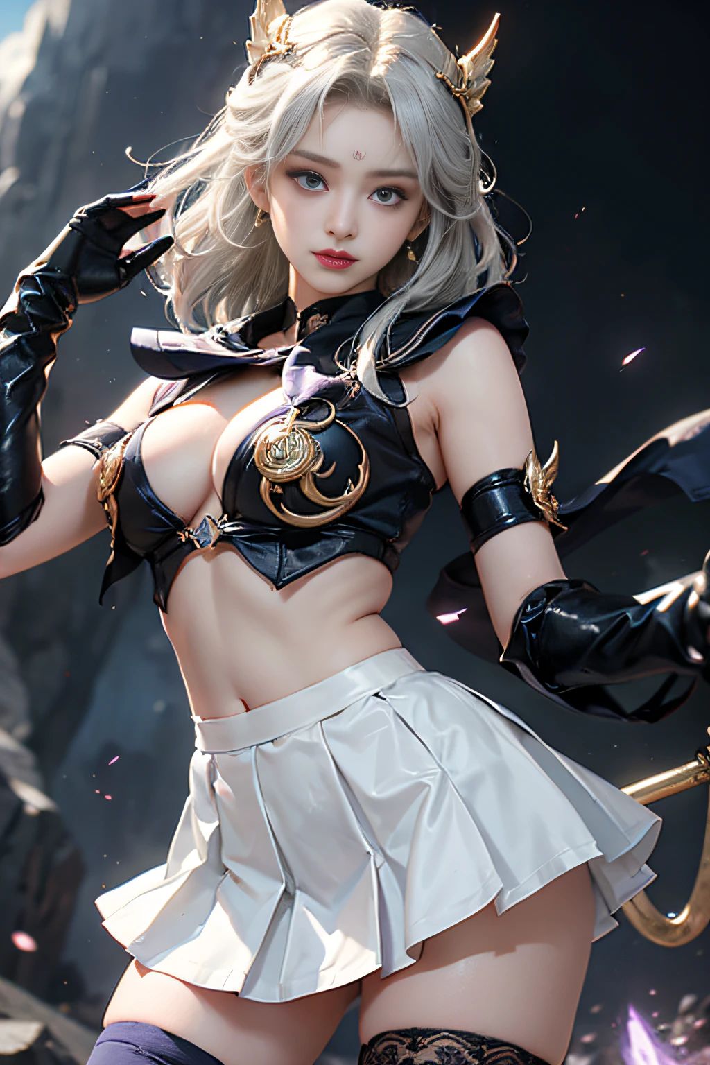 masterpiece、ful:1.3、stands、8K、。.。.。.。.。.3D、realisitic、Ultra Micro Photography、top-quality、Wallpapers with extreme details CG Unity 8K、frombelow、intricate detailes、(1 rapariga)、13years、Sailor Saturn:1.5,Hotaru Tsuchimoto:1.5,Sailor Senshi Uniform:1.2、Dark purple hair、Bob-cut hair fluttering in the wind,Sexy and dynamic model poses,dynamicposes,dynamic ungle、((Big long spear,battoujutsu stance,arma,Big sickle,Popol Weapon:1.2 )),(Purple sailor color,Purple pre-gate mini skirt:1.3、Purple Pleated Mini Skirt:1.3、very large red bow on the chest,,,,,,,,,,,,,Very big red bow on the buttocks,,、Long white latex gloves,Purple gloves on elbows、Luxurious Golden Tiara、耳Nipple Ring,)、(Outline of the iris, Details of face:1.5、Bright blue eyes、Beautiful expression、beautidful eyes、shinny eyes、thin lipss:1.5、thin and sharp pale eyebrows,、long dark eyelashes、Double eyelashes、Luxurious Golden Jewelry、Thin, thin and muscular,、Visible Pore、Young Face、Sad look,seducting smile、perfect hand:1.5、foco nítido: 1.0、Maximum clarity and sharpness、cosmic background、rays of moonlight、Dynamic backgrounds、细致背景))(,a sailor suit)、(skirt rift:1.8)、(masterpiece、top-quality、hyper pretty face、write、zettai ryouiki、thighs thighs thighs thighs、see the beholder:1.4)、Super beautiful girl、gardeniass、8K、EF 50mm、Official art、Raw photo、absurderes、frombelow、is standing、(sad、angry:0.5)、 slender、Small waist、Thin arms、breasts of medium size,、face lights、Soft lighting、Warm colors、film grains、chromatic abberation、foco nítido、naturey、Frankness、extremely detailed eye and face、(、bokeh dof、blured background、White lace panties:1.2)(8K、RAW Photos、top-quality、masterpiece:1.2)、(realisitic、Photorealsitic:1.37)、1Beautiful Japan High School Girl、perfect bodies、20yr old、Sexy Girl Sailor Suit Costume、Medium Boob、(Light shines on the face and chest)、(((((underboob)))))、Lower breast、Oily skin、skinny、 (Sexy uniform with a slight view of the underside of the chest)、(Visible lower milk、Uniform with navel and ribs visible)、Super Ultra Mini Skirt with visible hipbones and lower abdomen , (Nebula background), (Full body shot), 1girl in, Solo, (European youth:1), ((Navy blue flared skirt soaring))skirt by the, ((White lace underwear is visible))、((Black stockings high heels))((Golden white hair、Straight hair,poneyTail)), (Purple eyes:1), Beautiful face, Highly detailed face, Highly detailed eyes, highly detailedskin, Skin pores, Subsurface scattering, Realistic pupils, Full face blush, Full lips, Detailed background, depth of fields, Volumetric lighting, Sharp Focus,