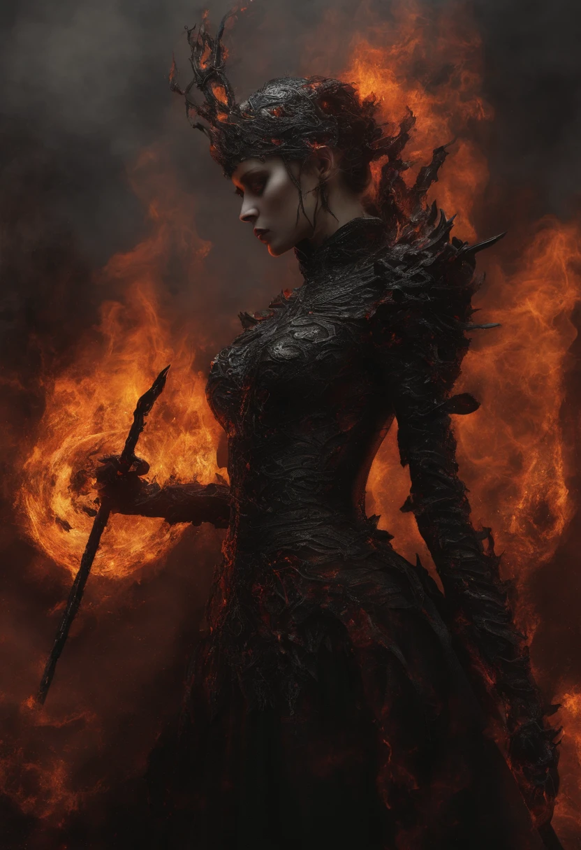 a close up of a person with a bow and a bow, lava and fire goddess, flame conjuring armored, fire mage, fire demon, black fire color reflected armor, appears as the fire goddess, infernal nymph, infernal nymph!!!, fire elemental, painted in the style arcane, the fire queen, polycount contest winner, flames surround her