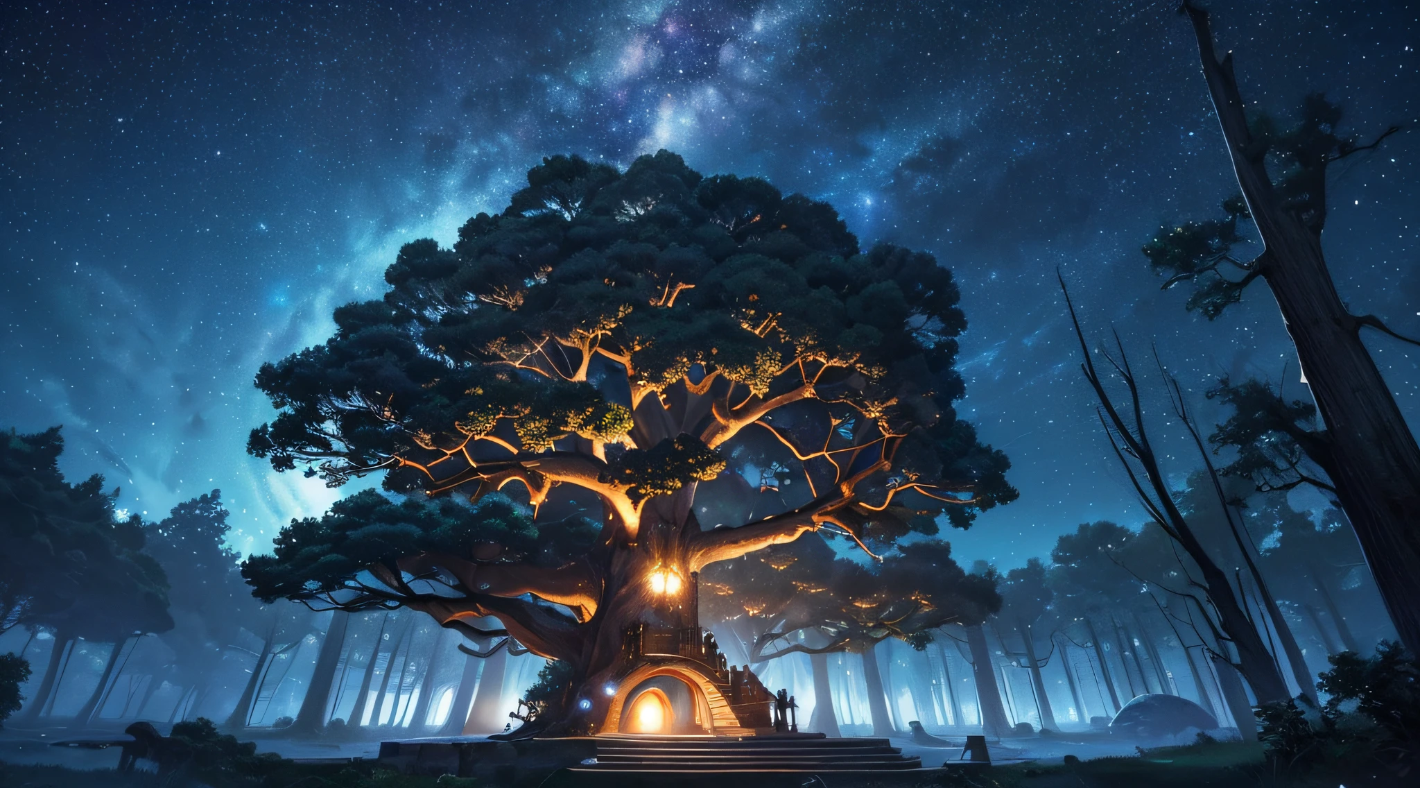 ​masterpiece、Background with((Fantastic starry sky、meteors、black hole))、Depth((Huge mysterious giant tree、Tree House、Luminescent、plants))、a beauty girl、Rear view、Looking up