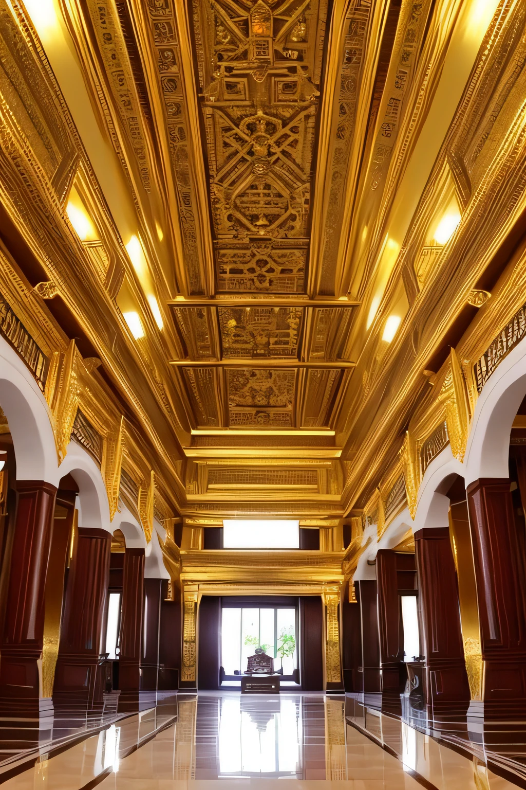 The main hall in the Thai-style palace, with tiers and gold color.