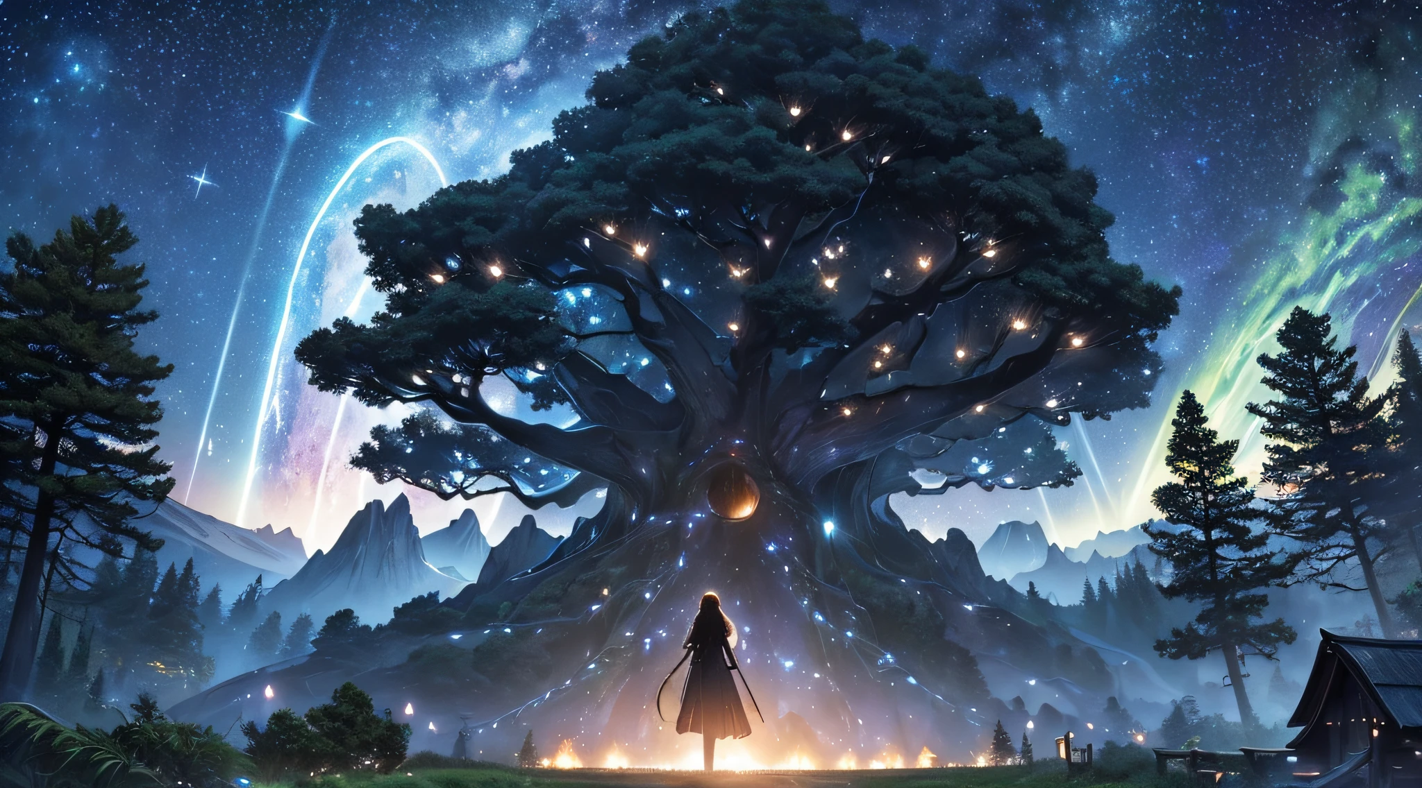 ​masterpiece、Background with((Fantastic starry sky、meteors、black hole))、Depth((Huge mysterious giant tree、Tree House、Luminescent、plants))、a beauty girl、Rear view、Looking up