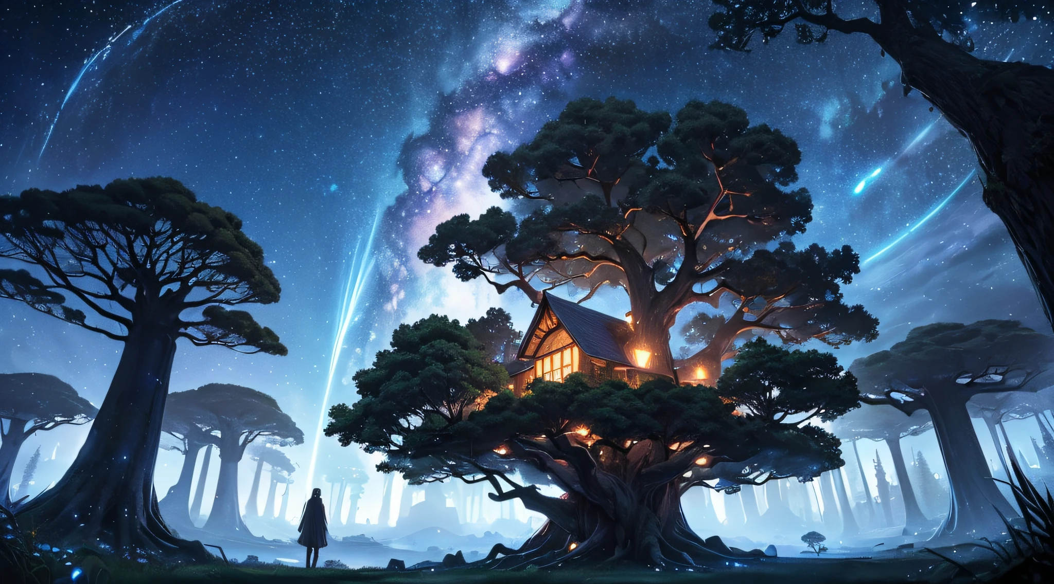 ​masterpiece、Background with((Fantastic starry sky、meteors、black hole))、Depth((Huge mysterious giant tree、Tree House、Luminescent、plants))、a beauty girl、Rear view、Looking up