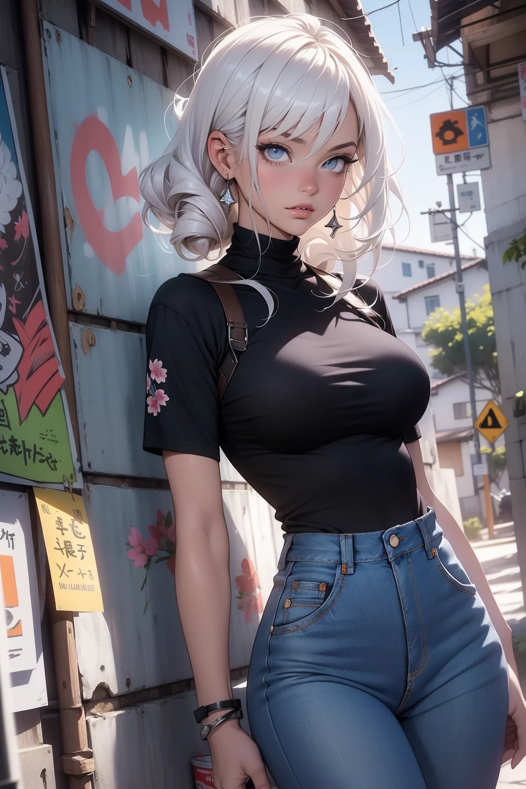 fundo, misto-language_text, letras japonesas em graffit, mulher linda , longos cabelos negros,::((melhor qualidade)), ((obra-prima)), (muito detalhado:1.3)(masterpiece:1.2, melhor qualidade), (finamente detalhados belos olhos: 1.2), (masterpiece:1.2, melhor qualidade), (finely detailed beautiful eyes: 1.2), ::style joe madureira comic stiyle ::2.9 (masterpiece:1.2, best quality), (finely detailed beautiful eyes: 1.2), ((1girl kelly brook very beautiful woman big breast )), ((solo)), (olhos vermelhos:1.4), (olhos finamente detalhados e rosto detalhado:1.3),), (com jeans e uma camiseta ou vestido branco:1.3), (fundo bonito e claro:1.2), (cg extremamente detalhado, ultra-detalhado, melhor sombra:1.1), ((profundidade de campo)), ((aquarela)), seios grandes, ombros nus, flowers and petals, beautiful concept illustration , (fundo branco:0.5), (illustation :1.1), (extremamente fino e belo:1.1), (detalhes perfeitos: 1.1), obra-prima, alta qualidade, highres, aprimoramento de detalhes, 8k, hd, obra-prima, melhor qualidade, alta qualidade, highres, aprimoramento de detalhes