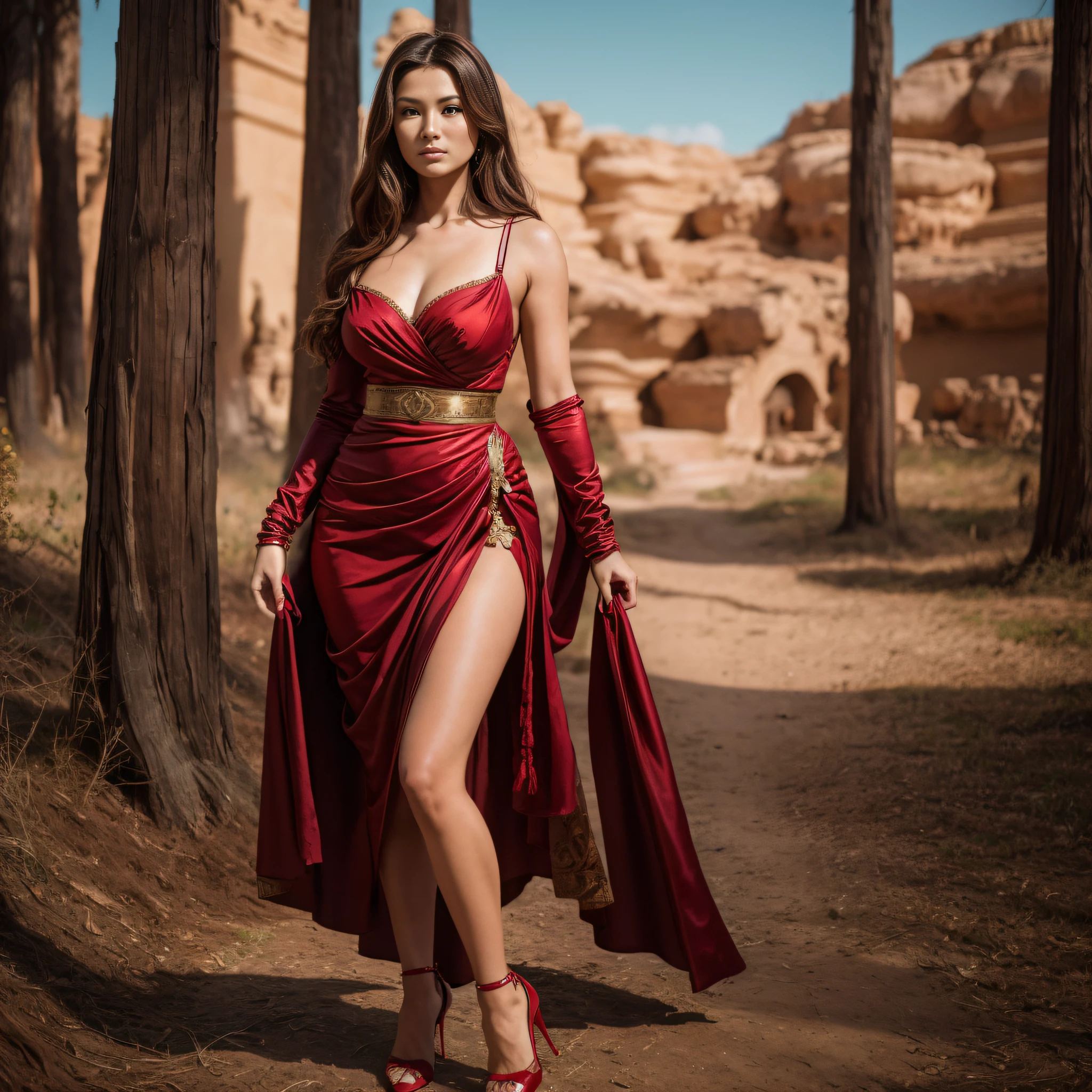 Macedonian woman standing, (northern macecoid), ((in the city of Skopje)), jolie corps, nice face, smirk, beautiful red and yellow dress, sunbathing, (((ruined fortress of Skopje)))