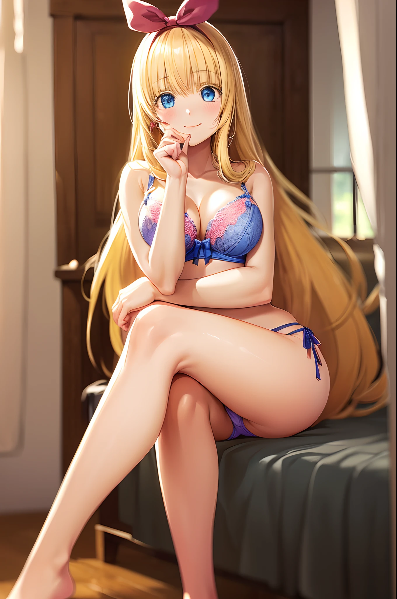 (((Cute blonde woman, long hair with pink bow, Blue eyes))), ((transparent bra and panties)), 8k, very detailed, heart earring, sitting in the bedroom, blushing smile, crossed legs, close view, sexy pose