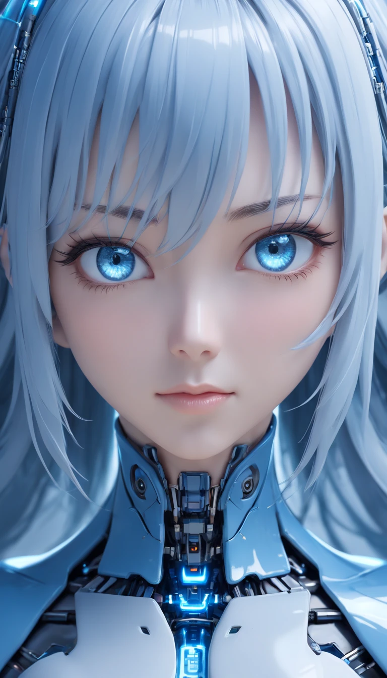 Complex 3d rendering of beautiful porcelain woman android face super detailed, cyborgs, roboticparts, 150mm, beautiful studio soft light, Rim Light, vibrant detail, luxuriouscyberpunk, Lace, hyper realisitic, Anatomical, electric wires, microchips, Elegant, Background Lab, Octane Render, h.R Giger Style, 8K,Long hair with silver and light blue,Translucent plastic body,Gently glowing eyes,blue eyess, Miki Asai Macro photography,Full body, Hyper Detailed, Trending on ArtStation, Sharp Focus, studio photo, Intricate details, Highly detailed, By Greg Rutkowski