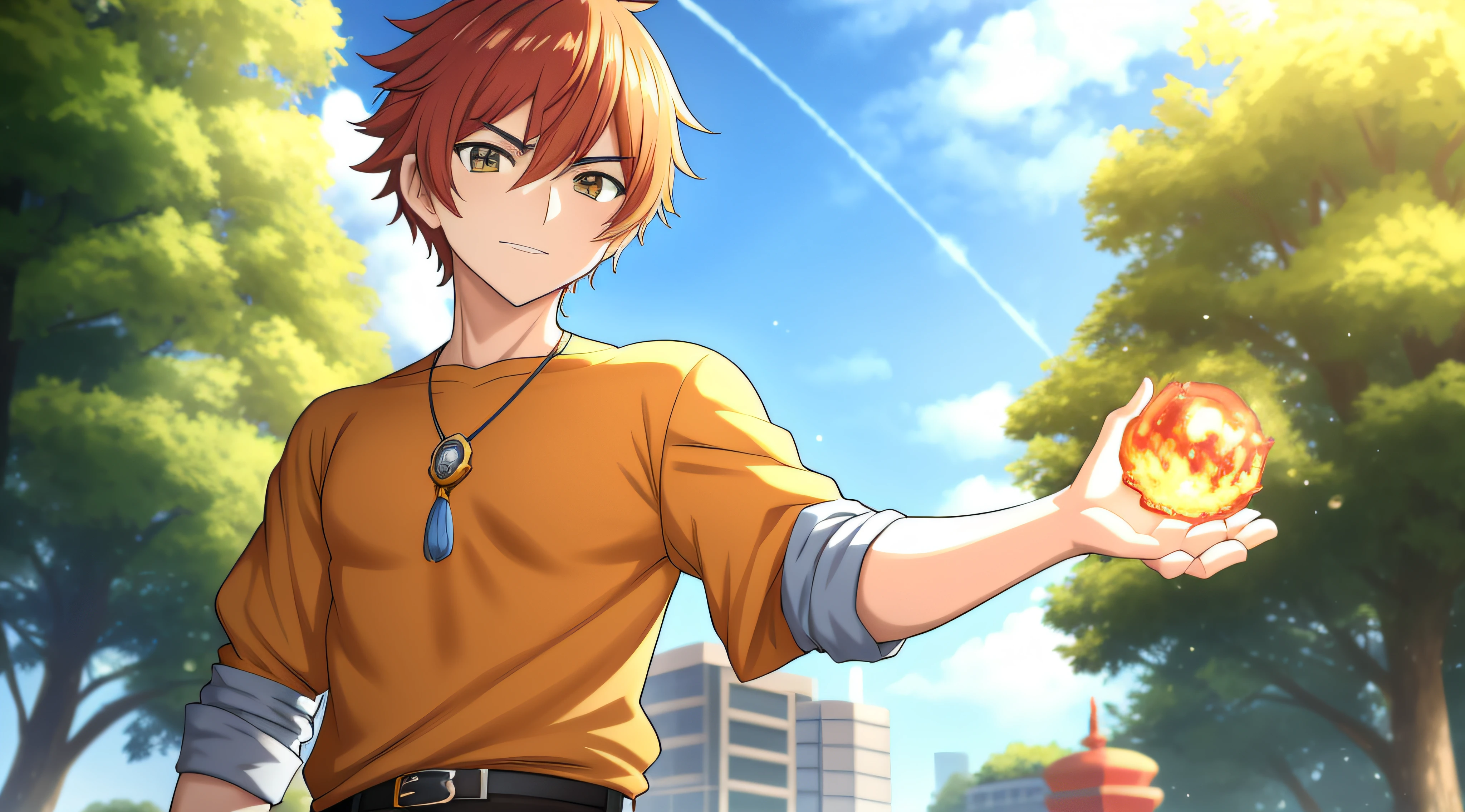 Anime boy holding a fireball in his hand in a park, Kawacy, pose de anime bonito, jovem homem de anime, menino anime, arte anime de alta qualidade, personagem de anime masculino, laranja - menino anime cabelo, Arte Oficial, arte chave do anime, homem bonito anime, arte cg anime suave, arte detalhada do personagem de anime, estilo anime masculino, personagem estilo anime, Melhor Design de Personagens de Anime