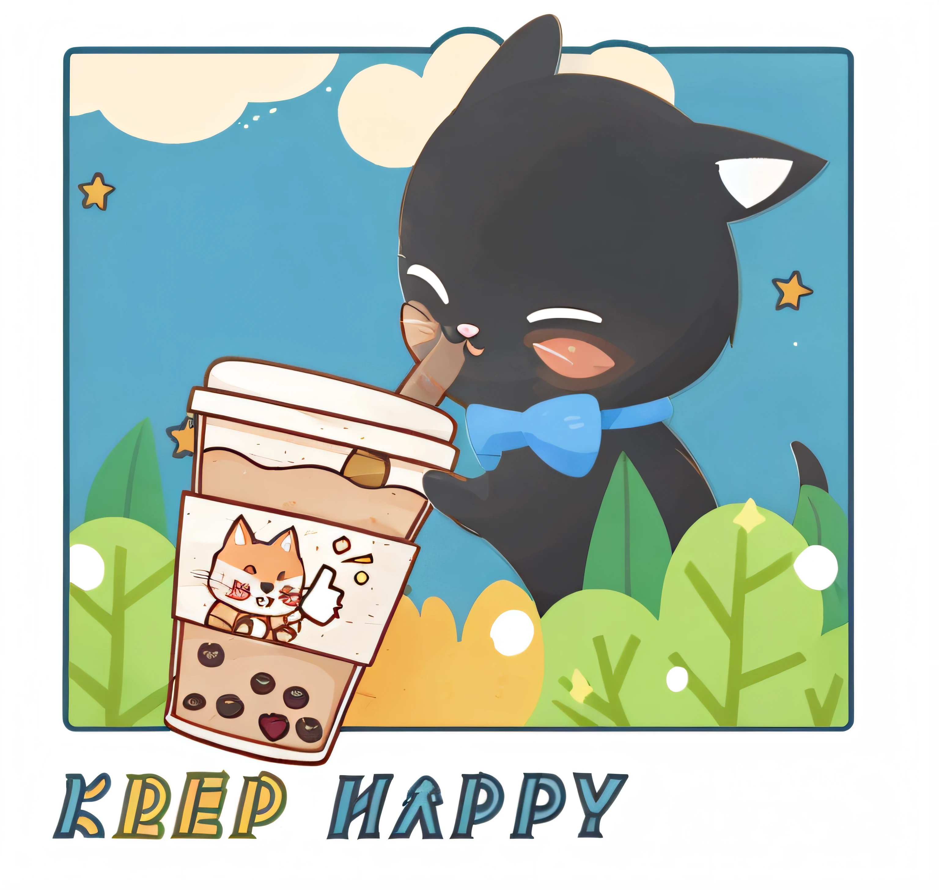 Cartoon cat holding a cup of coffee,Say to stay happy, a cat sipping coffee, official fanart, he is happy, cheerfulness, she is happy, he is happy, very very happy!, Flat comic style, Very happy, Warm and happy, Happy cat, telegraph stickers,very very happy, High-quality fanart