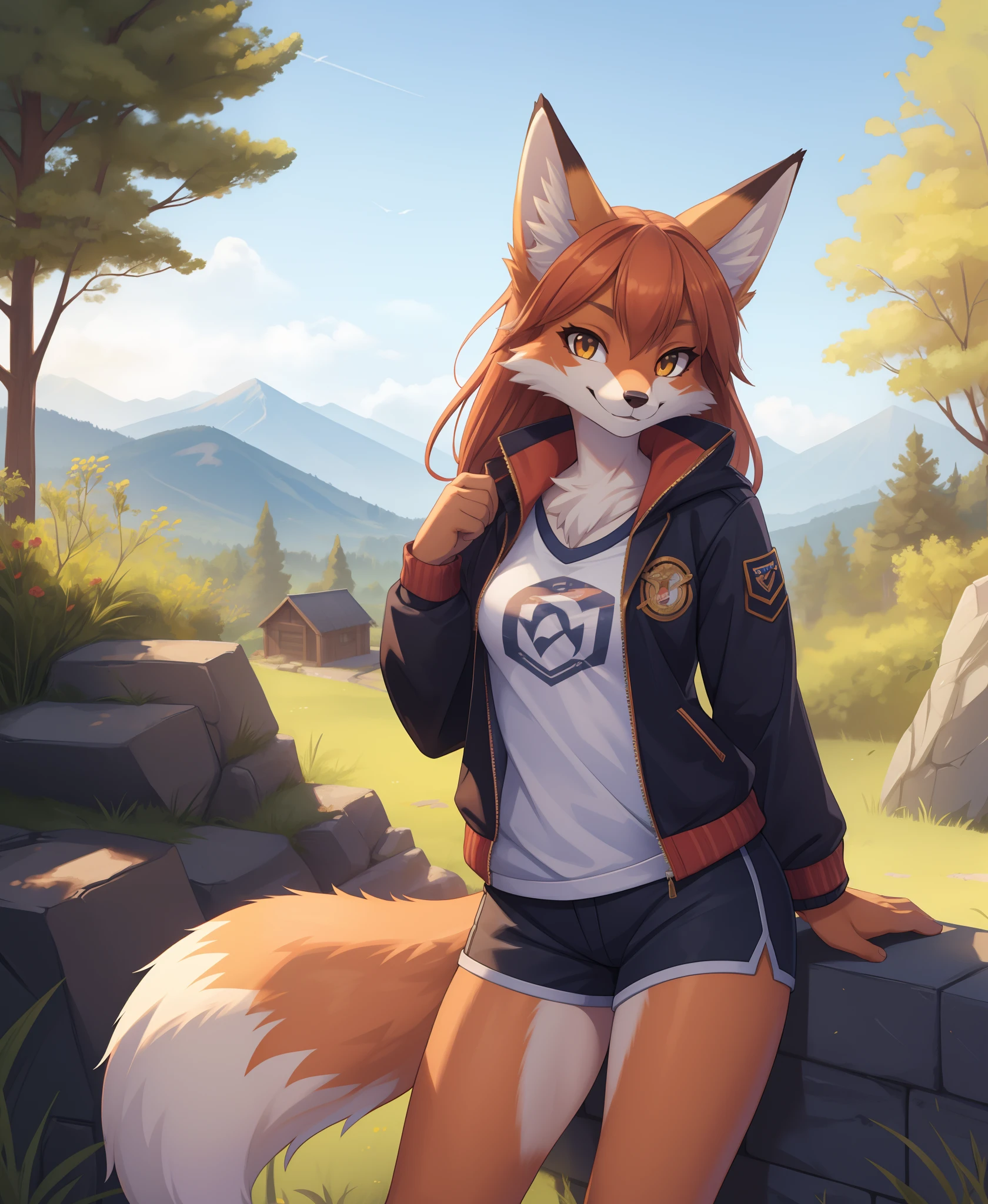 1girl, solo, masterpiece,  Fox girl, furry, anthro, body fur, fox tail, outdoors, smile, scenery, shirt, jacket, shorts