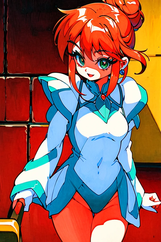 (masterpiece), best quality, highres, NSFW, 
girl, (traditional media, 80s:1.4), (eyelashes:1.5), 
(intricate high detailed body:1.2), (loli:1.4), 
red hair, short hair, (twin messy bun), 
green eyes, 
lip stick, 
slender body, large breasts, 
(smirk:1.2), open mouth, 
neckwear, (white lace leotard with sleeves:1.1), 
(short frill skirt:1.1), see-through clothes, jewelry, 
cowboy shot, 
in royal palace,