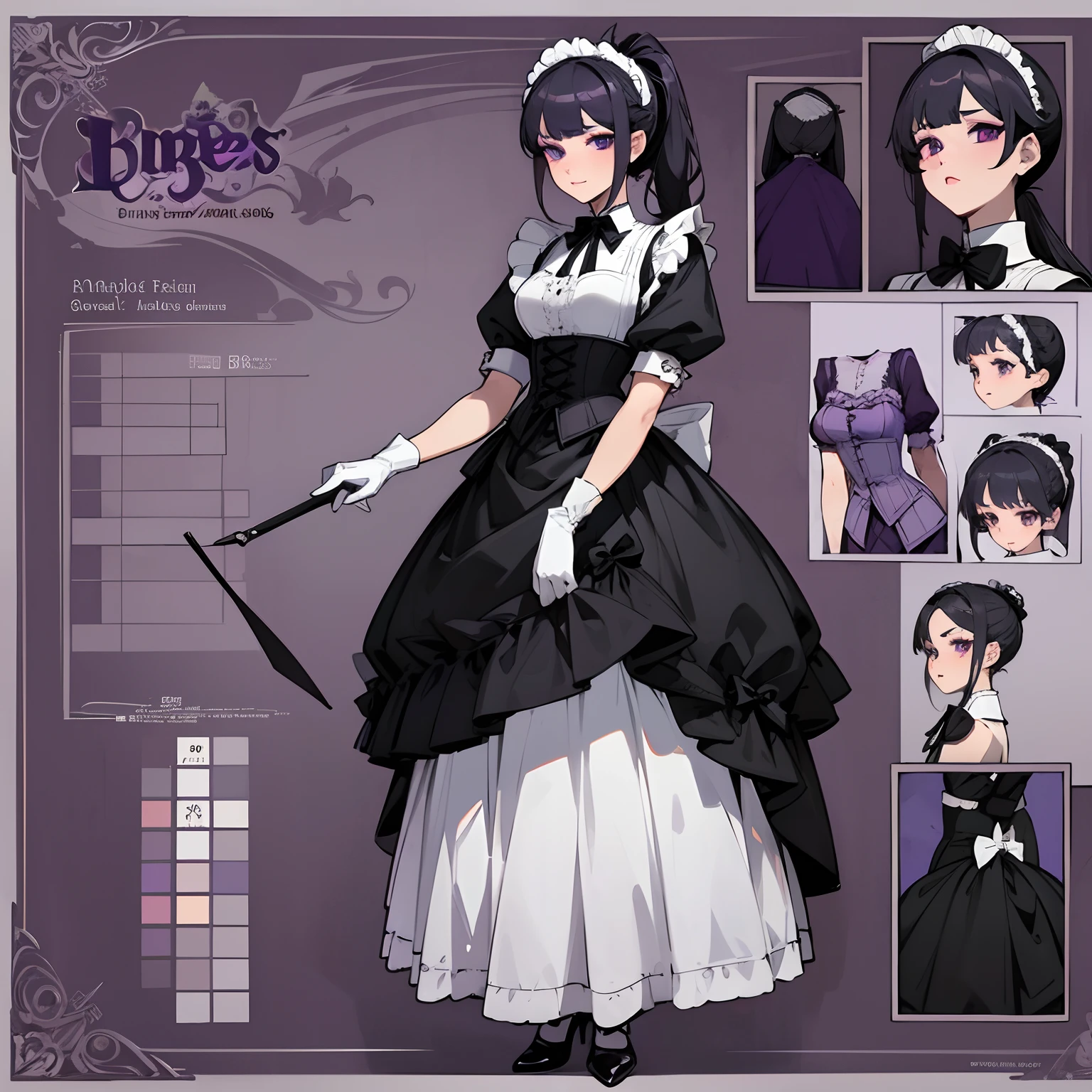 Reference sheet for a beautiful 17 old years maid, Drawn in anime style, long black ponytail hair, purple eyes, eyeshadow, gothic inspired, modesty, victorian frilly maid dress with a white apron, corset, bow tie, ribbons, maid headband, lipstick, black pantyhose, high heels, white gloves, high quality, highly detailed, 4K.