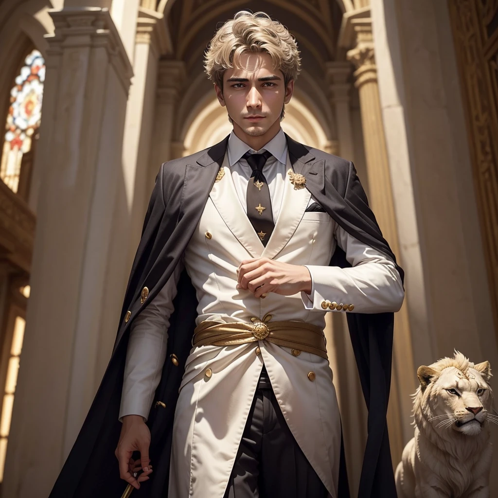 The Roman Emperor Constantine the Great, who was resurrected in modern times,、He has eyes like a lion and bright, sharp eyes.、He has a deep smile on his face。He has dangerous ambitions.、Wearing a high-end suit and tie。His compositions are bold and、Full of the majesty of a ruler。He is 34 years old.、Mature、He has a manly appearance,、He is a successful and hard-working businessman。He holds a golden holy spear in his hand.、Fight to protect the woman you love。He repented and forgave、soothing、In search of peace、Play、Although gentle and kind、If necessary, we may deal with it coldly。He Venetian Landscape、Especially in the background of St. Mark's Basilica、The Easter season brings a nostalgic atmosphere and hope for the future。He's lyrical and、You will also participate in glamorous and fantastic costume festivals and psychic battles。He is active in the world of modern fantasy.、『In the name of the Father, and of the Son, and of the Holy Ghost』It is worthy of the elegant, luxurious, and elegant appearance depicted in the work and the highest quality as a masterpiece。His storytelling is romantic.、Pursue the bliss of love。