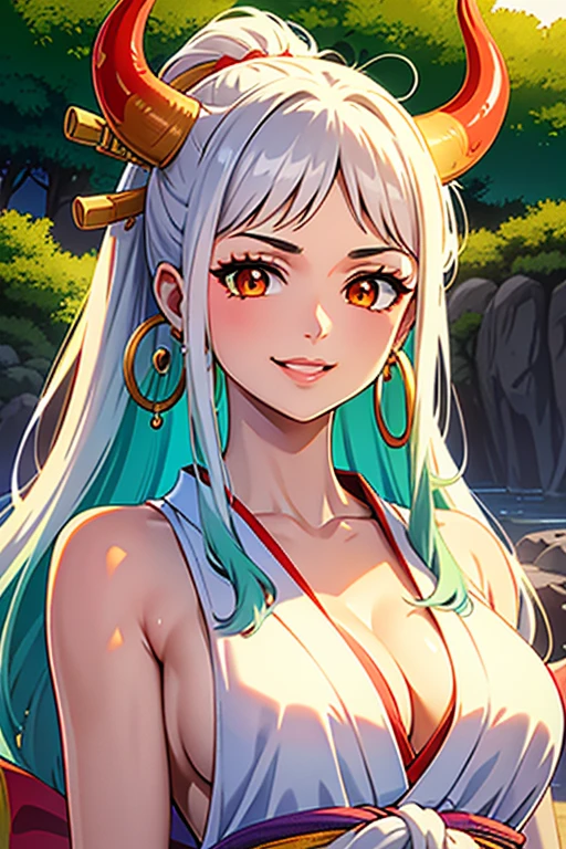 masterpiece, ((ultra detailed background, delicate pattern, intricate detail)), (highly detailed, fine details), best quality,beautiful lighting, (((medium breasts, slim girl, very slim girl))), (close-up, portrait), YamatoV2, long hair, 1girl, horns, white hair, solo, oni, red horns, curled horns, hair ornament, (multicolored horns), jewelry, earrings, japanese clothes, kimono, hair stick, sleeveless, bare shoulders, aqua hair, sidelocks, hoop earrings, hakama, smile, wide smile, ((orange eyes)), complex detailed background, outside, nature environment, rocks, sunny, blue sky, sky,