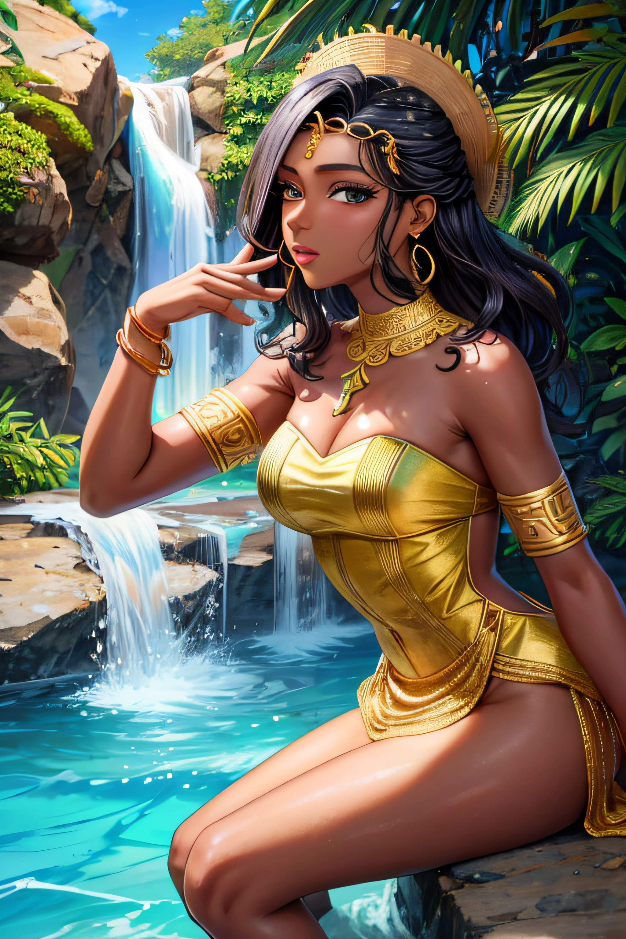 (obra-prima: 1.2), (melhor qualidade: 1.2), olhos perfeitos, rosto perfeito, africana, perfect lighting, Photo Session, 1girl, mature female wearing SSAHC, SSAHC, de pele escura, vestido dourado ouro, cocar, bushy eyelashes, maquiagem, cachoeira de fundo, sombra, mid hair, oasis, agua dourada fundo detalhado ao ar livre