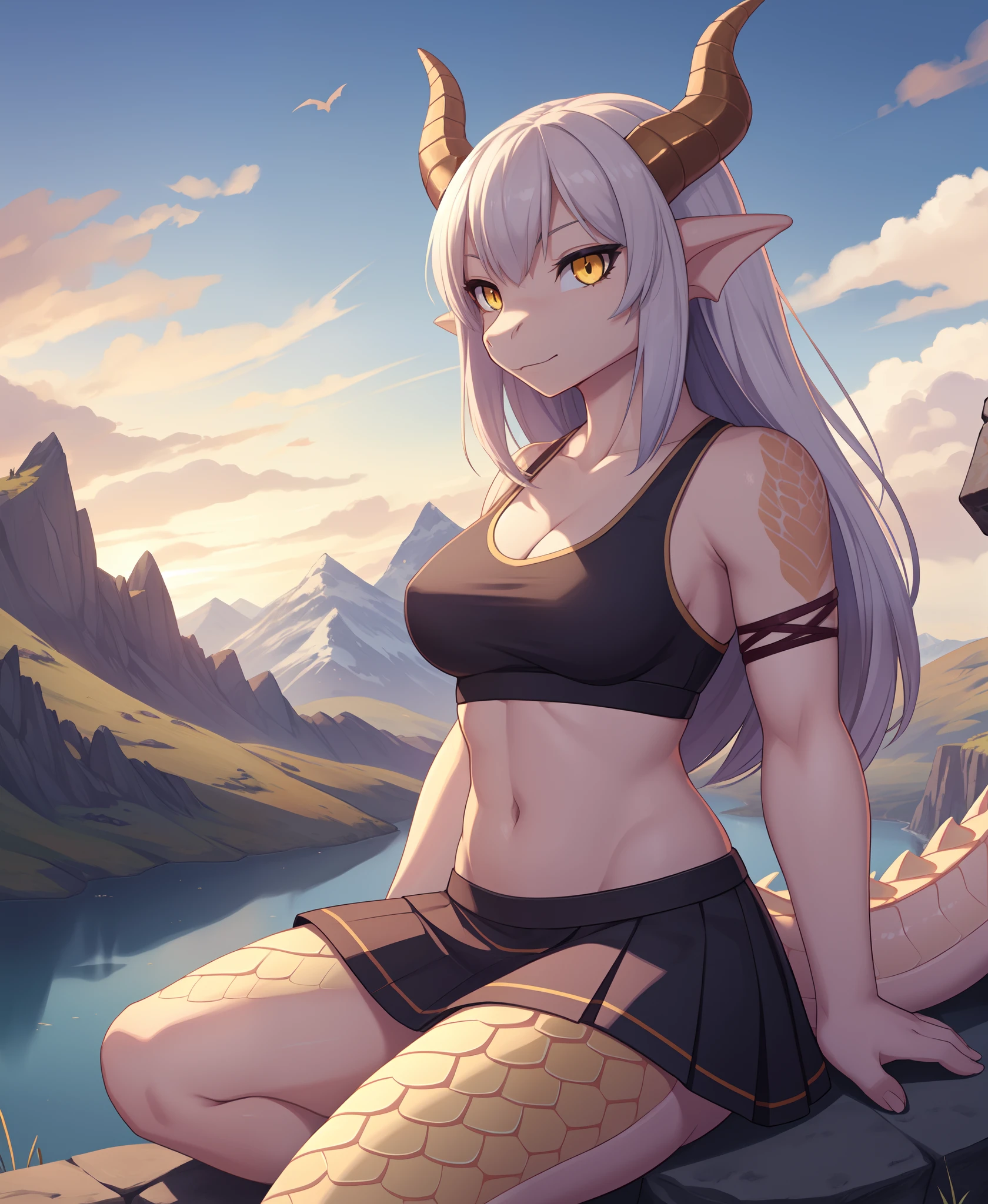 1girl, solo, masterpiece, mountain, scenery, (dragon girl:1.2), dragon, dragon horns, dragon tail, yellow eyes, slit pupils, (scales, scalie:1.2), crop top, skirt