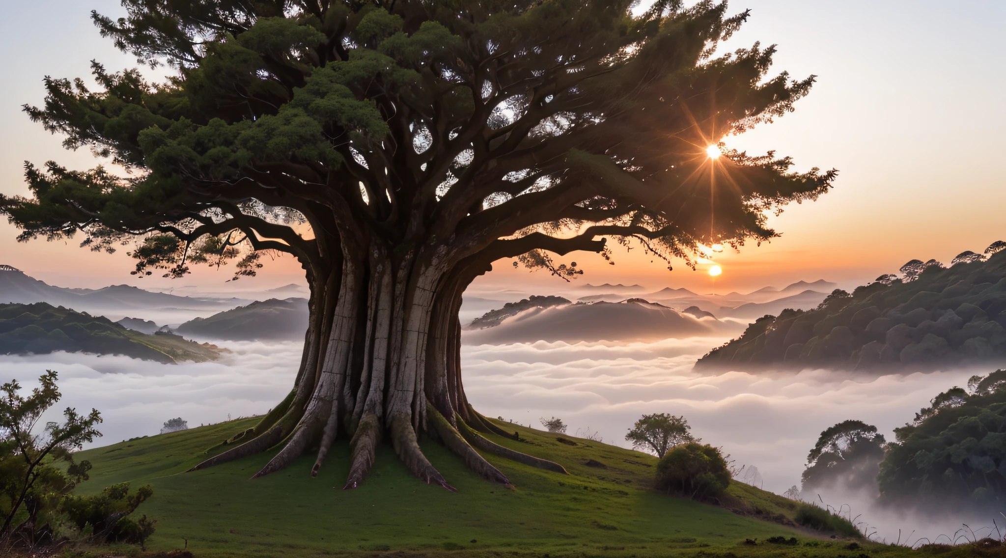 DSLR RAW filmgrain photo, shot on iphone, photography, edited in Adobe Lightroom, ancient giant tree in the deep jungle, birds in the branches, fog at dawn, beautiful scenery