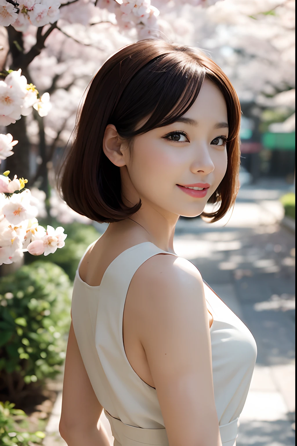 retro photography, 1960s-era , AGFA, Kodak, 1girl in,  Portrait, up looking_で_viewer,  Smile,  Japan, cherry blossom,  Octane Render,  Solo, rtrophto1,beige sleeveless dress