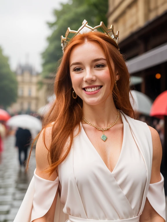 attractive welsh woman, ripped muscle, muscular body, pale skin, smile(blush), toga dress, crown, thin necklace, [ultra detailed skin:1.2], ginger hair, long hair, 8k uhd, full body, stand, crowd, public, rain,