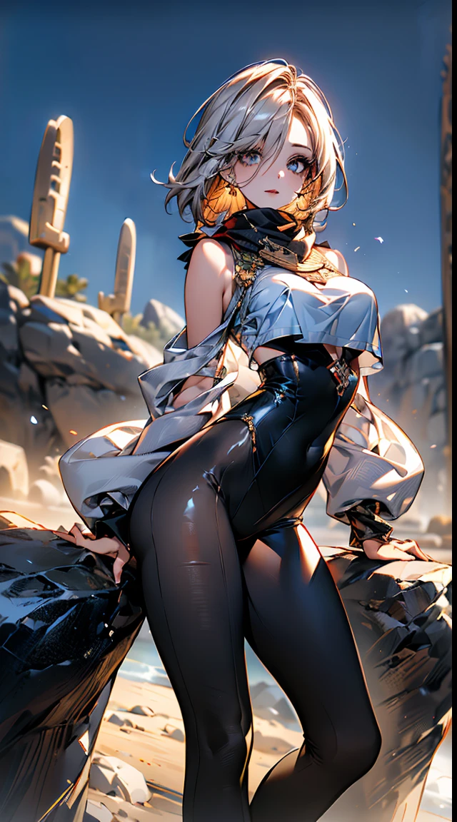 a matured woman with long black hair and a white outfit, (at a rock place in a desert:1.5), (standing in oasis:1.2, holding metal water bottles:1.3, standing:1.3, with cross-legged:1.3, with lifting arms, in front of Arabic ruins:1.2), Arabic, (Post apocalyptic:0.2), from arknights, artwork in the style of guweiz, bodyesbian, fine details. girls frontline, beautiful anime illustration, from girls frontline, by Yang J, stunning, 26 years old, (milf:1.3), (solo:1.5), (sfw:1.25), sagging breast, fuge breasts, big tits, thin waist, big ass, Raised sexy, (dark mahogany medium short hair, updo, hair over one eye, asymmetric hair, Carly hair, low tied braids),(musulman, white Headscarfs, hair bands, head vandage, Turban), (ultra high resolution, 8K RAW photo, photo realistics, thin outline:1.3, clear focus), best qualtiy, natural lighting, textile shading, blurry back ground, field depth, bokeh, (Bright pupils, fine detailed beautiful eyes with highlight:1.3, high detailed face), Red lip, looking at viewers:1.3, (dynamic angle:1.2, front view:1.2, breast focus:1.3, from below:1.1), dynamic posing, (sexy posing:1.2, leaning forward), seductive smiling:1.3, center image, (wearing white long jacket and clothes, wearing white robes:1.2, ((bare breast:1.37)), platinum ornaments, white clothes rolling around waist, camel-brown long leather boots:1.3, translucent lace pantyhose), ((correct anatomy:1.5)), ((outdoor:1.2, in a night:1.3)),