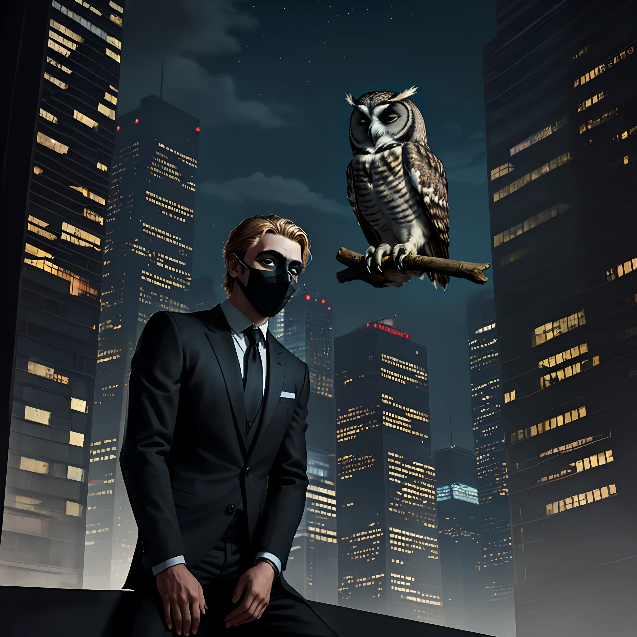 There is a man in a suit and mask sitting on a ledge with an owl ...
