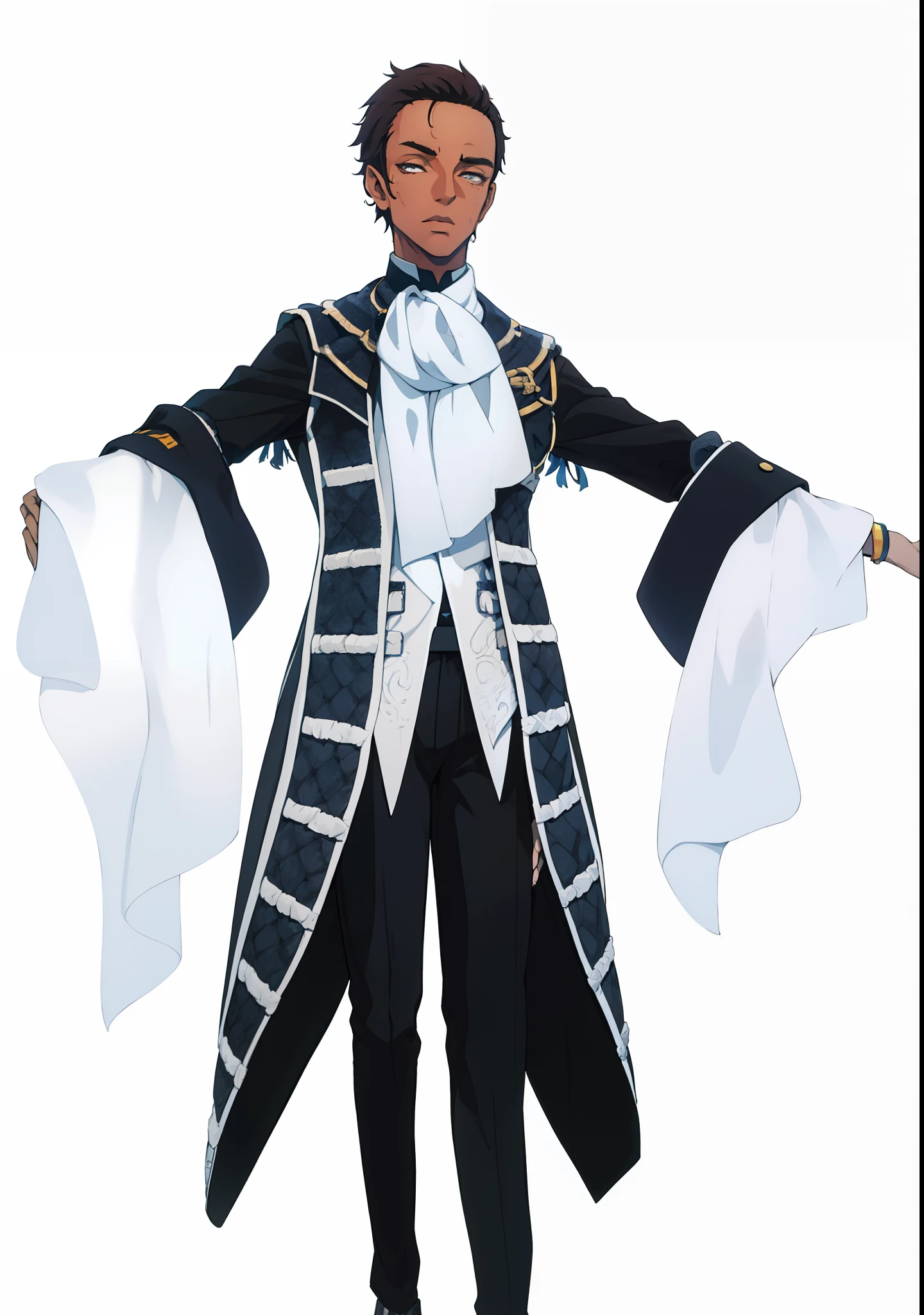 Homen ,cavaleiro , pele marrom ,olhos amarelos, Lord's Outfit Tie Scarf, hands open,
