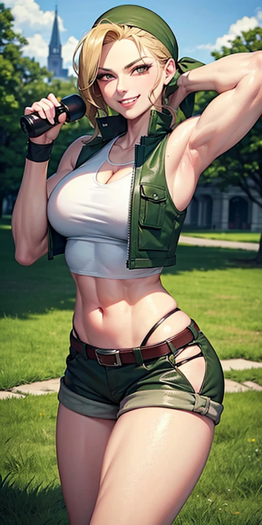 masterpiece, best quality, outdoors, on grass, grass,
cosmieyes, reflection, brown eyes, colored eyelashes, eyelashes,
eridef, 1girl, solo, looking at viewer, blonde hair, vest, bandana, breasts, shorts, navel, midriff, crop top, belt, short shorts, hat, knee pads, large breasts, abs, muscular, smug, muscular arms, muscular, very muscular, very muscular arms, large muscles, super muscular, huge breasts, giant breasts, gigantic breasts, slim waist, muscular midriff, smug, smirk, evil grin, goth, fishnets, dark clothes, black clothes, black lipstick, cleavage