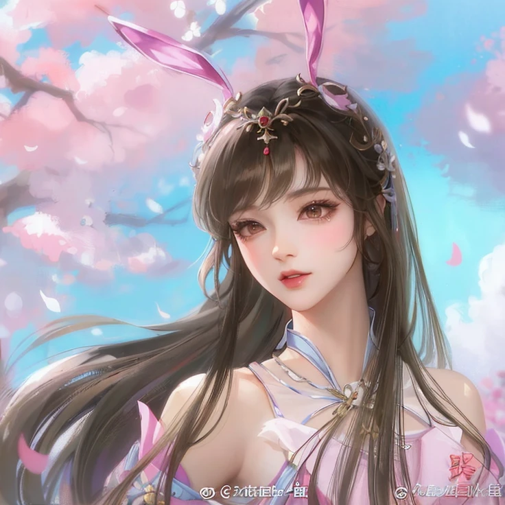 Menina anime com cabelo longo e orelhas de coelho em um vestido rosa, Trend in CGTacing:, pintura de personagem bonita, Directed by: Qu Leilei, por Fan Qi, Directed by: Li Fangying, Directed by: Chen Lin, beautiful young wind spirit, trending at cgstation, Directed by: Leng Mei, por Qiu Ying, por Yang J, Bian Lian, por Ye Xin, inspirado em Chen Lu