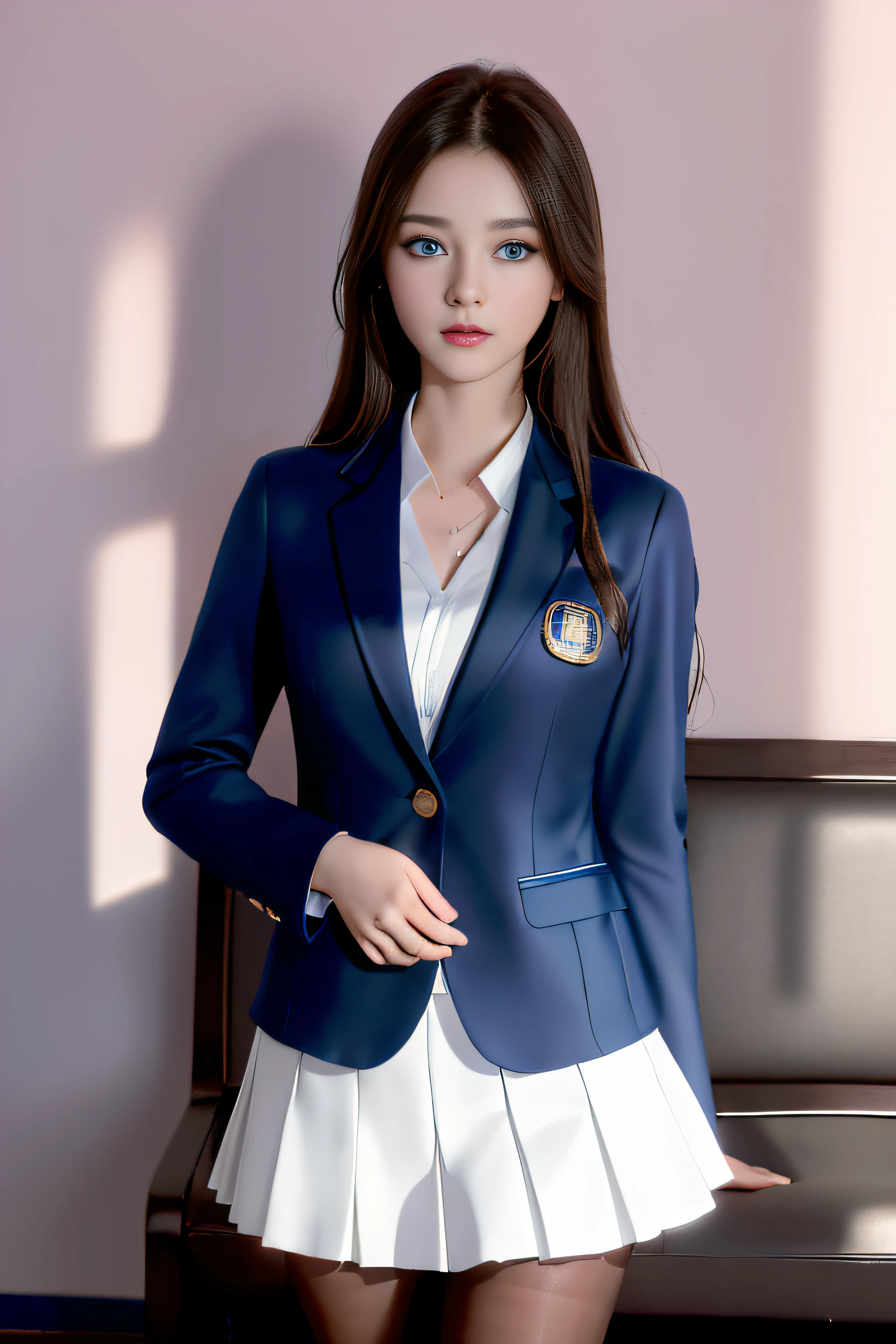 best qualtiy,tmasterpiece,hight resolution,1girll,dingdall effect,realisticlying,edge lit,two tone lighting,(highdetailskin:1.2),8K UHD,pure,Dolce,flowers background,Colorful background,Based on physical rendering,Perfect Light and Shadow,extreme hight detail,Pink tones,eye reflections,Raised sexy,perfect bodies,Superb Beauty,largeeyes,long eyelasher,Delicate eyes,(blue eyess)、big shiny eyes,Small pupil reflex,Shoulder and neck details,The texture of the pupil is delicate,Perfect eyes,black pupils,best qualtiy,tmasterpiece,16 K,a picture,head portrait,Bigchest,Breast-breast of medium size,Delicate avatars,(Girl standing in a waiting room by the lake)),((female students、校服),((Dark blue blazer、Emblem on the chest))、)(Translucent white blouse)、(White flared skirt),(Black pantyhose),(Black loafers)、