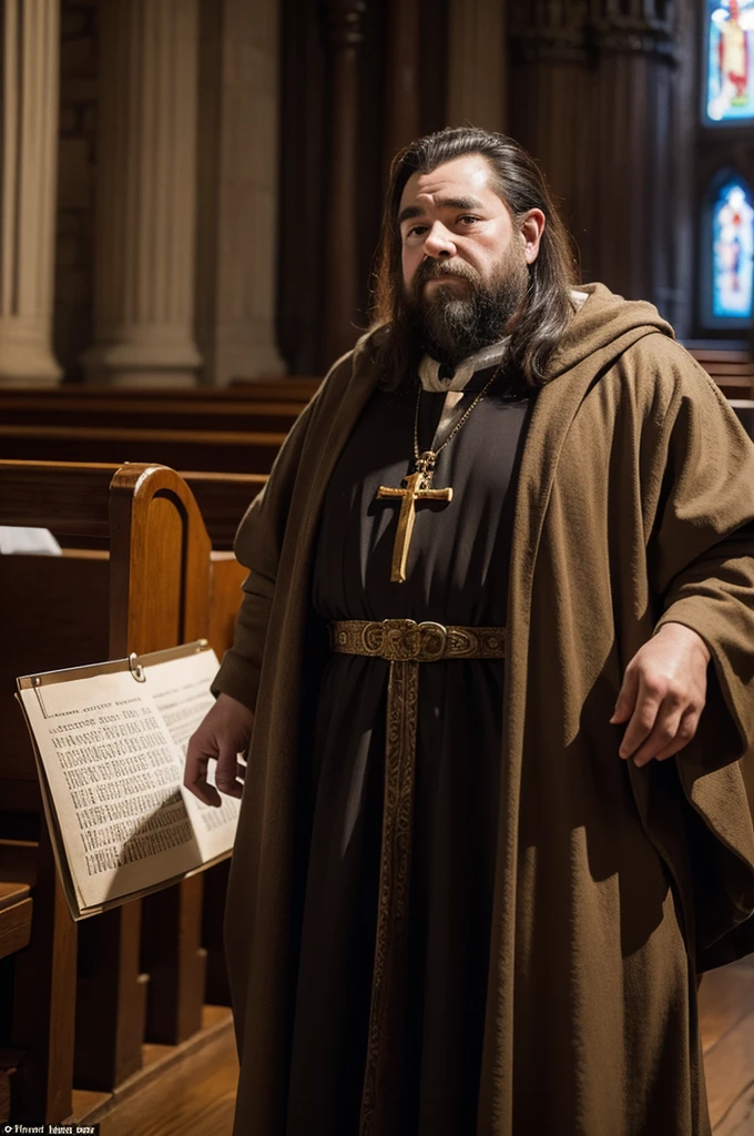 A dwarf man dressed in a priest's costume stands in the church, Detailed face, medieval, fantasy