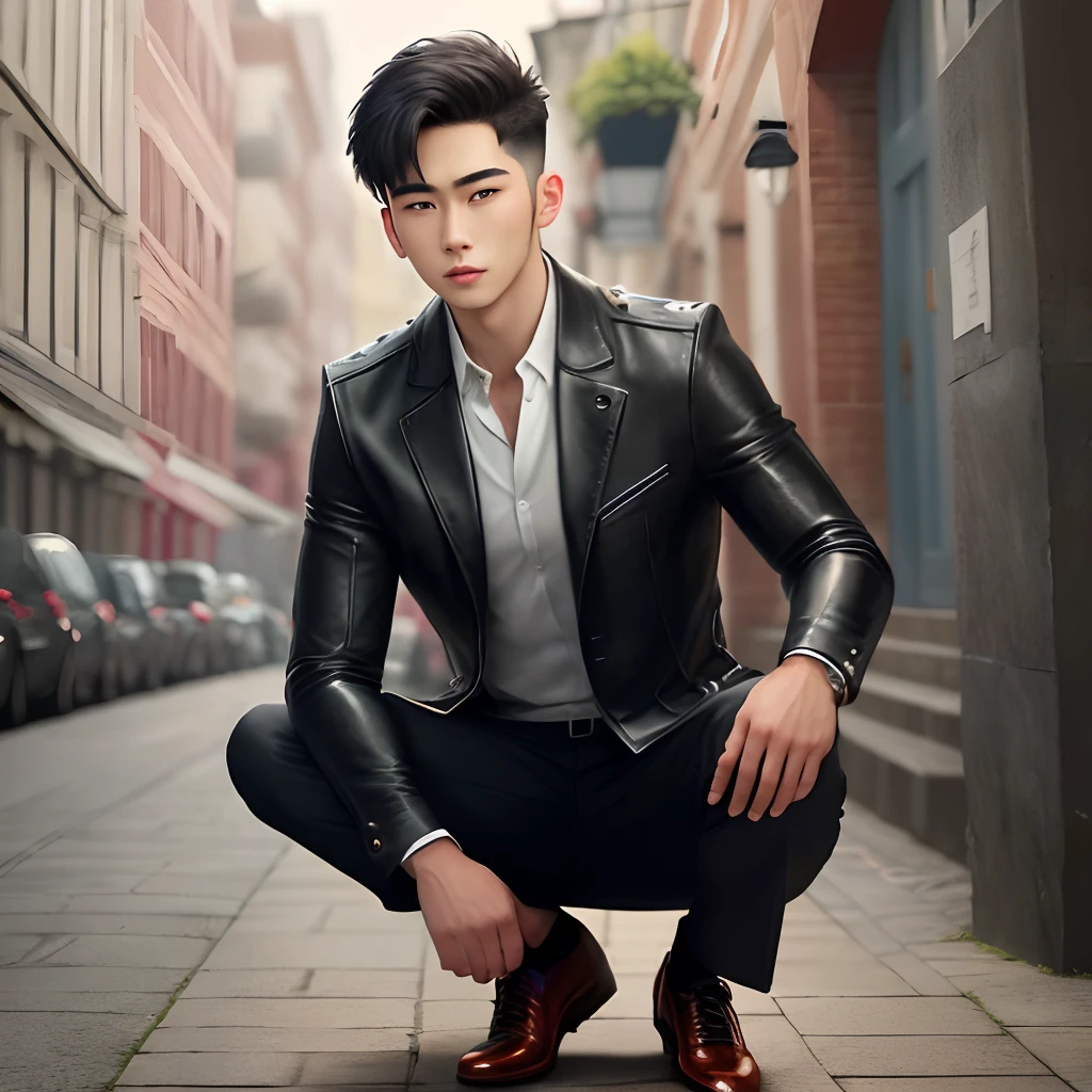 A handsome guy with short hair wears leather shoes,Handsome boy