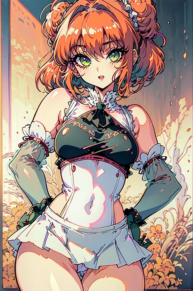 (masterpiece), best quality, highres, NSFW,
girl, (traditional media, 80s:1.4), (eyelashes:1.5),
(intricate high detailed body:1.2), (:1.4),
red hair, short hair, (twin messy bun),
green eyes,
lip stick,
slender body, large breasts,
(smirk:1.2), open mouth,
neckwear, (white lace leotard with sleeves:1.1),
(short frill skirt:1.1), see-through clothes, jewelry,
cowboy shot,
in royal palace,