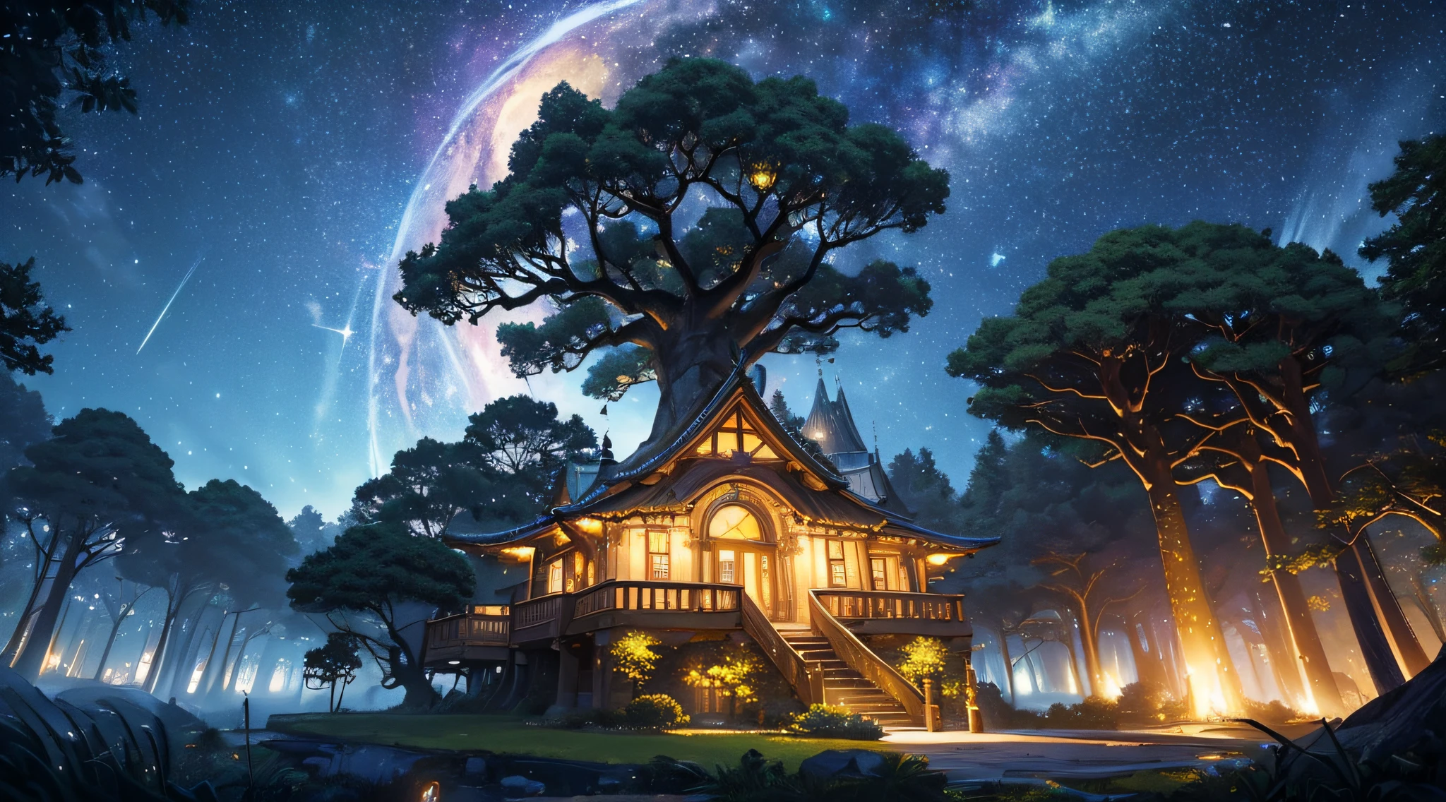 masterpiece、Background with((Fantastic starry sky、meteors、black hole))、Depth((Huge mysterious giant tree、Tree House、It emits yellow light、plants))、a beauty girl、Rear view、Looking up